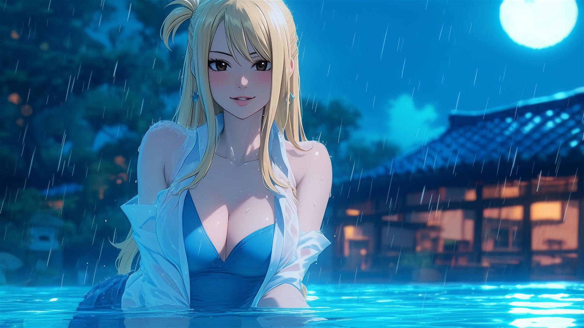 Lucy Heartfilia rests at a rainy swimming pool under moonlight
