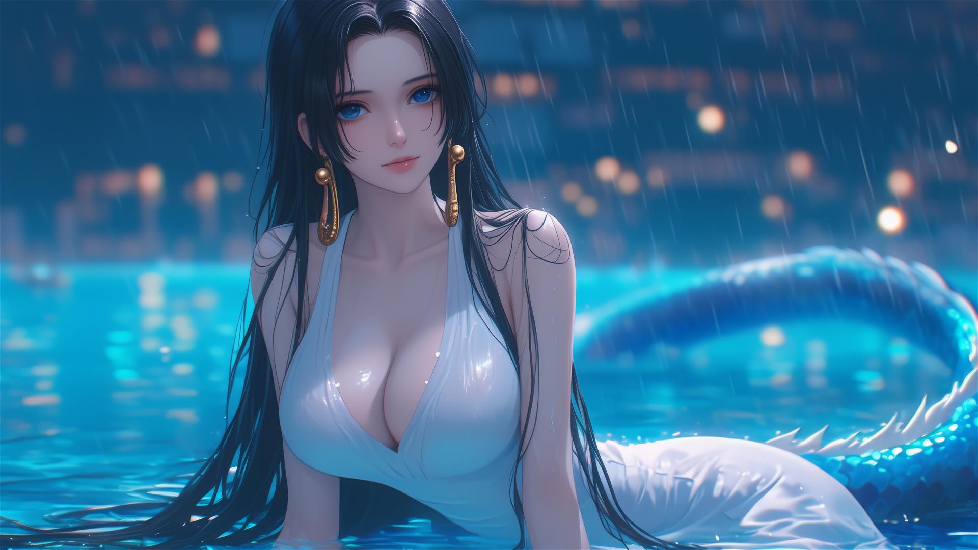 Boa Hancock from One Piece resting by a rainy swimming pool, moonlight glow.