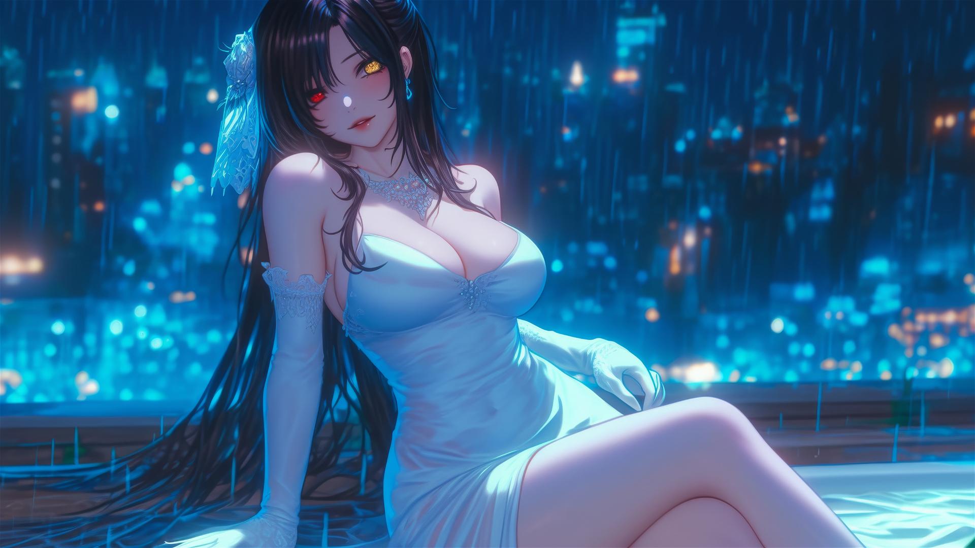 Kurumi Tokisaki resting in a tub under moonlight, red and yellow eyes, white dress.