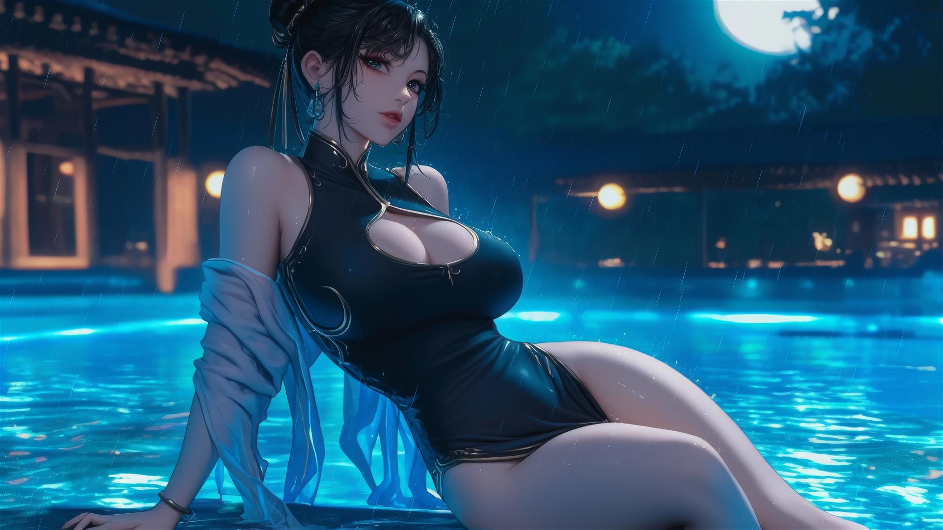 Chun Li in a pure black dress rests by a rainy swimming pool under moonlight