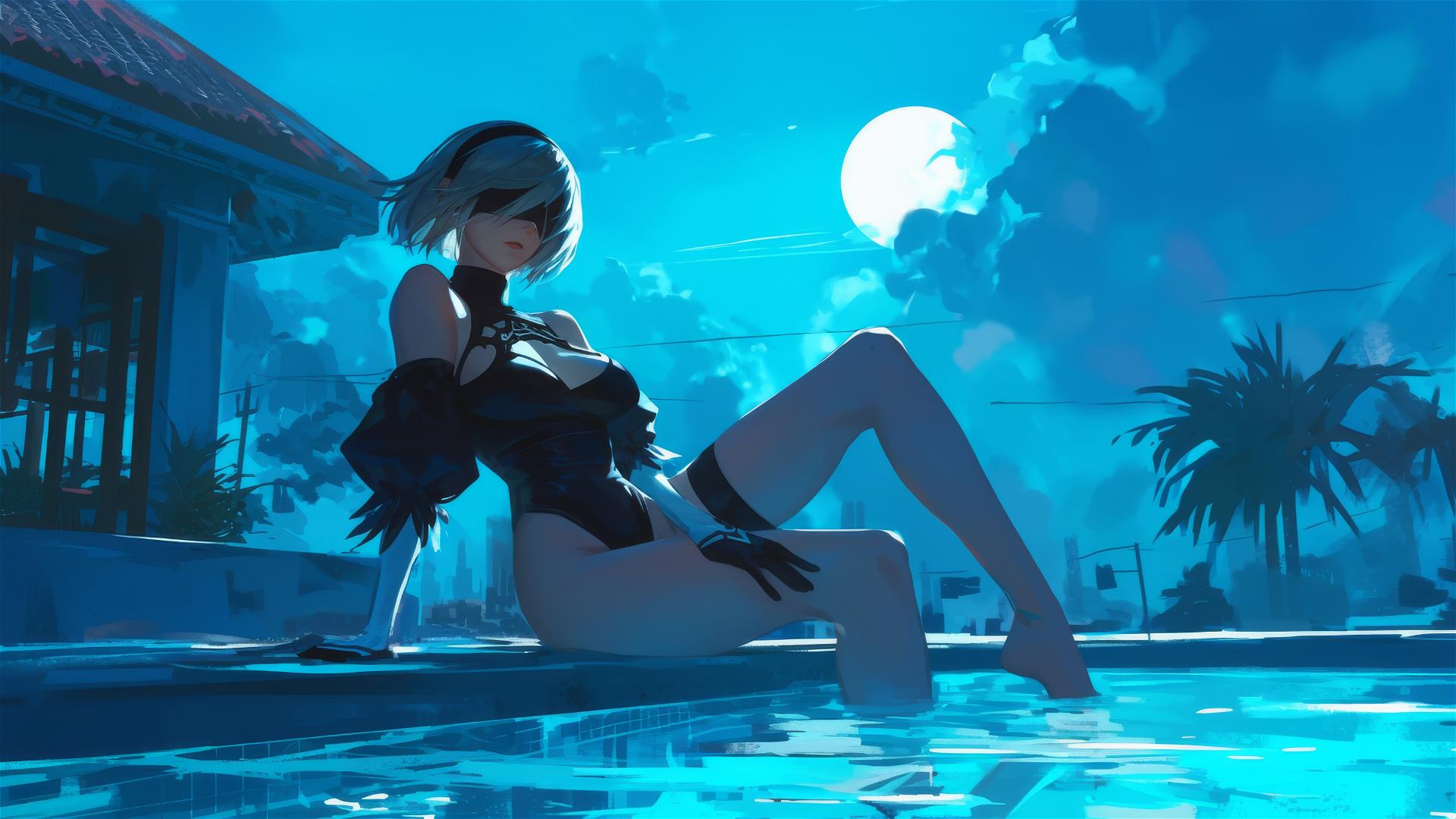 2B from Nier resting by pool under moonlight