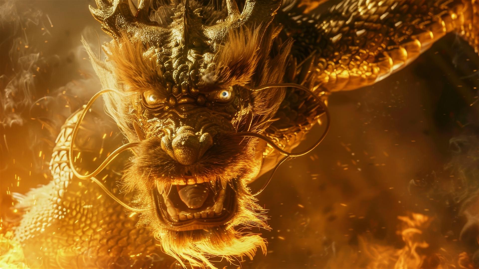 Fire-breathing dragon with golden beard and shiny scales in a Chinese New Year scene