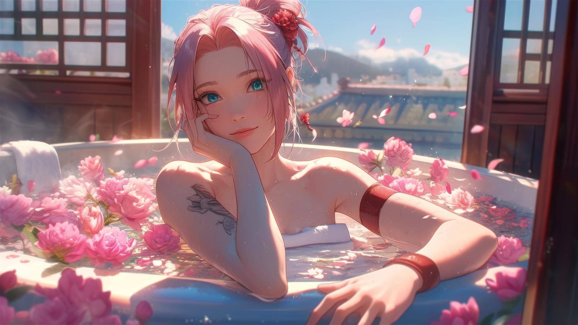 Sakura Haruno in a flower-filled tub at a Chinese spa