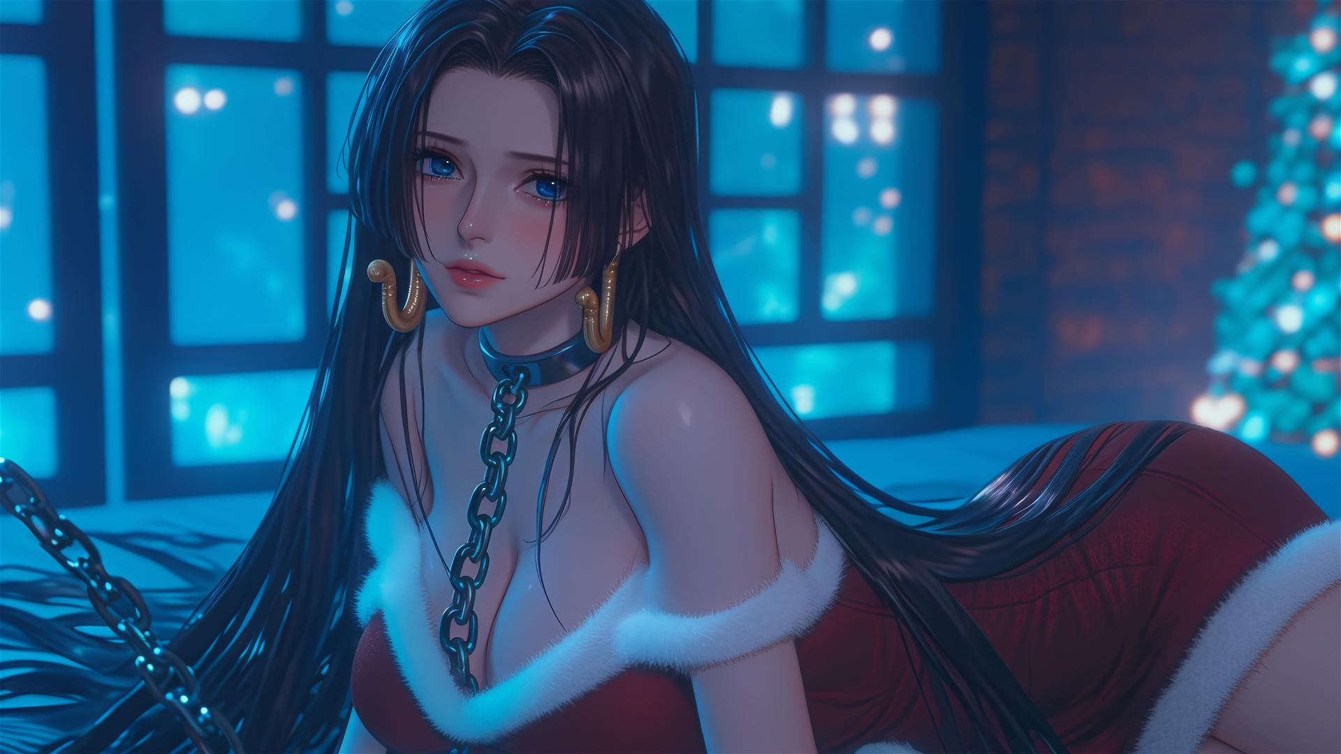 Boa Hancock in Christmas attire, chained in a modern hotel room with neon glow