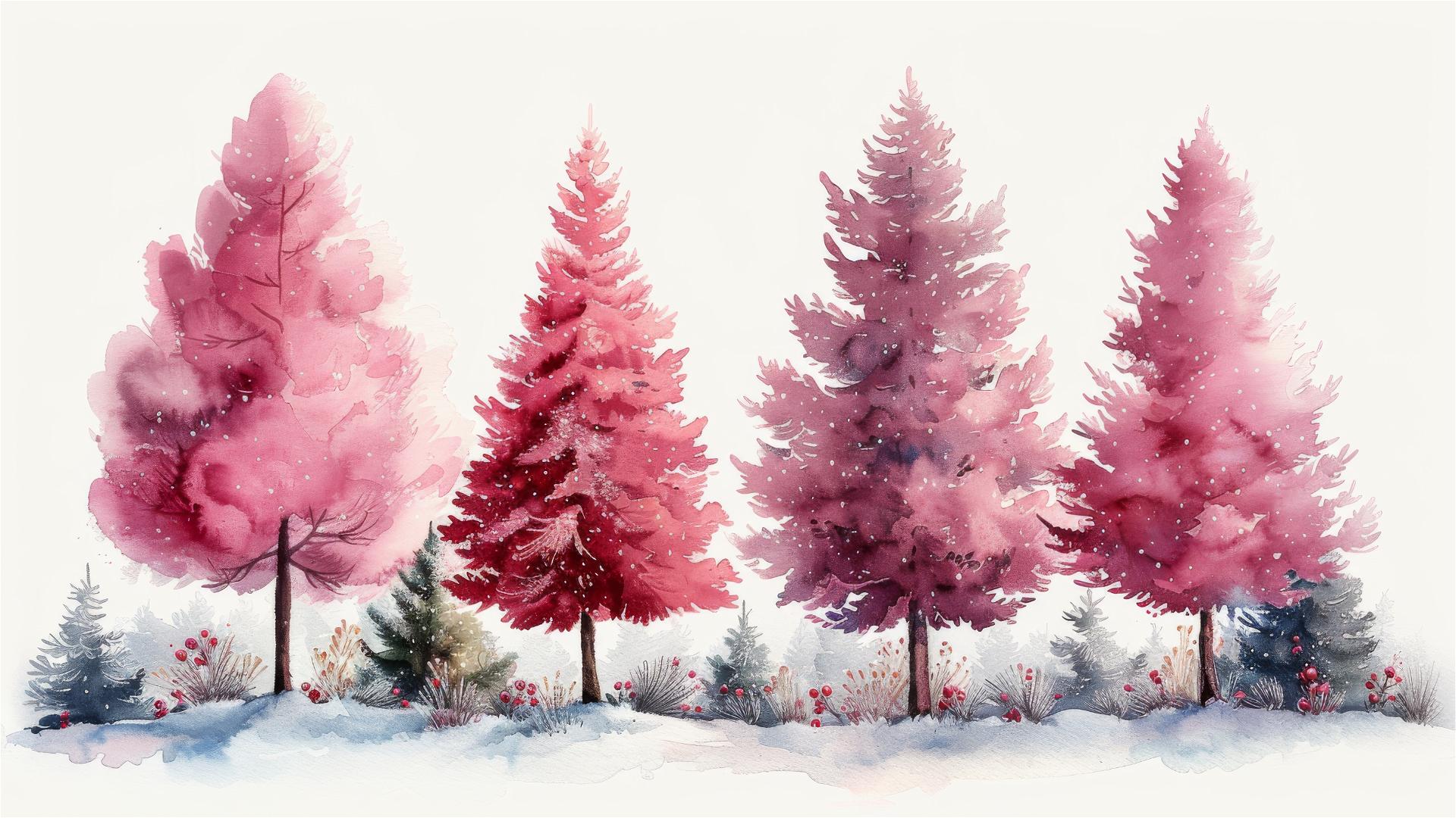 Four pink Christmas trees with decorations on white background