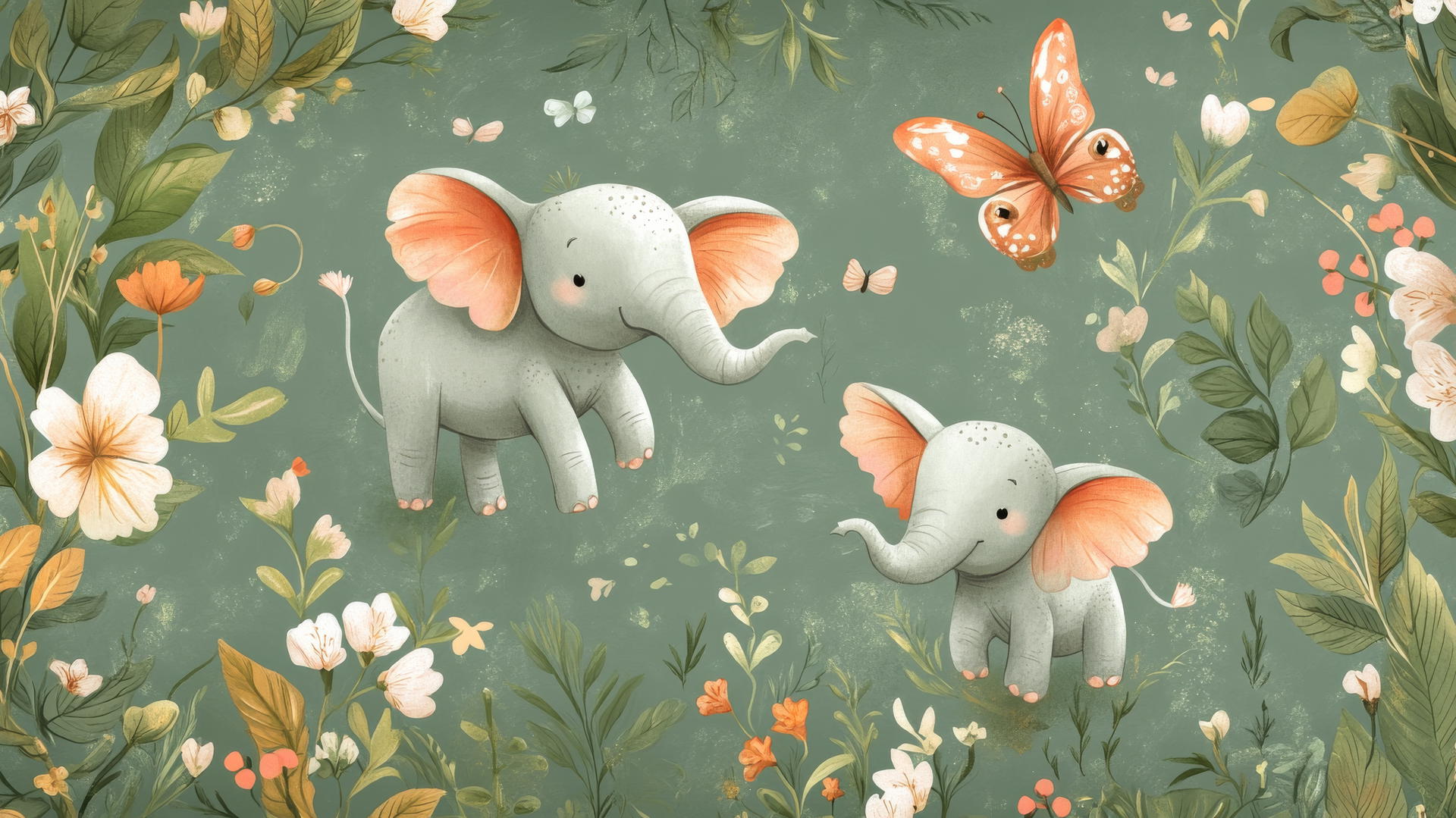 cute green wallpaper with whimsical tiny elephants with butterfly wings among flowers and leaves
