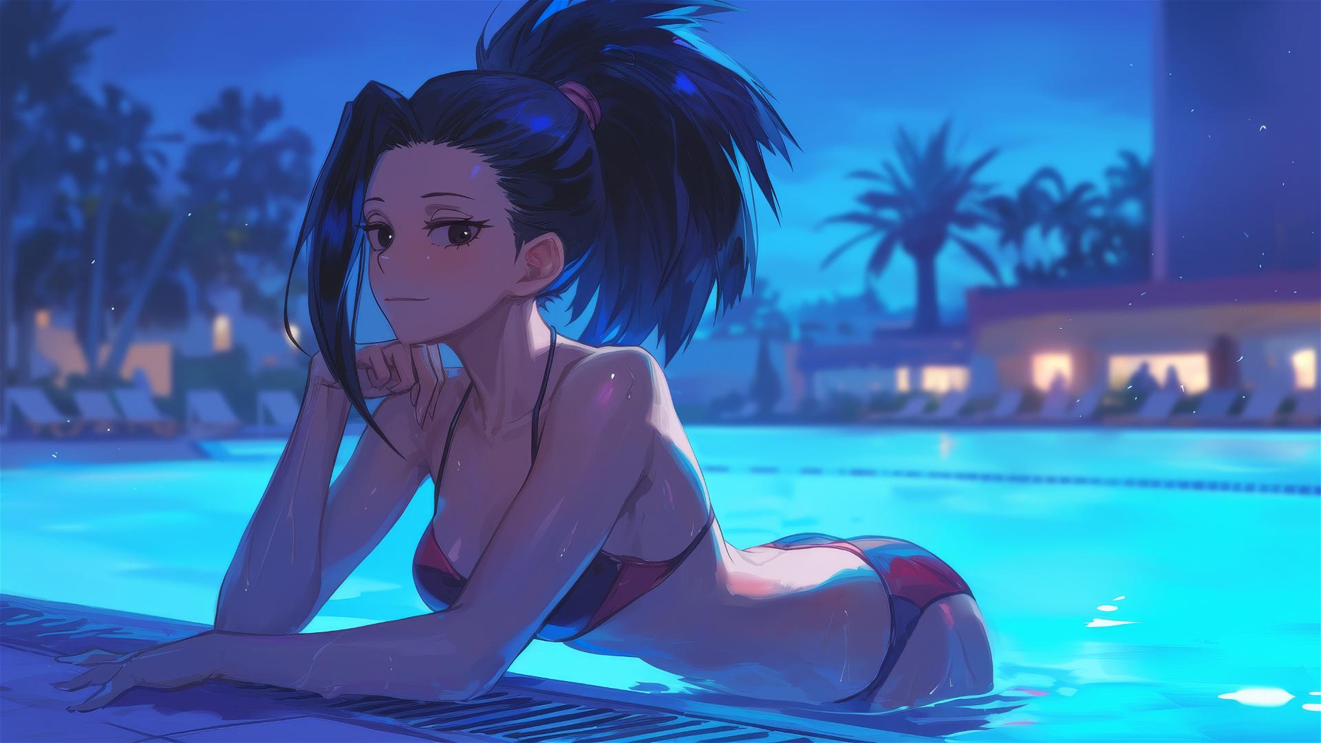 Momo Yaoyorozu from My Hero Academia resting by a pool under moonlight