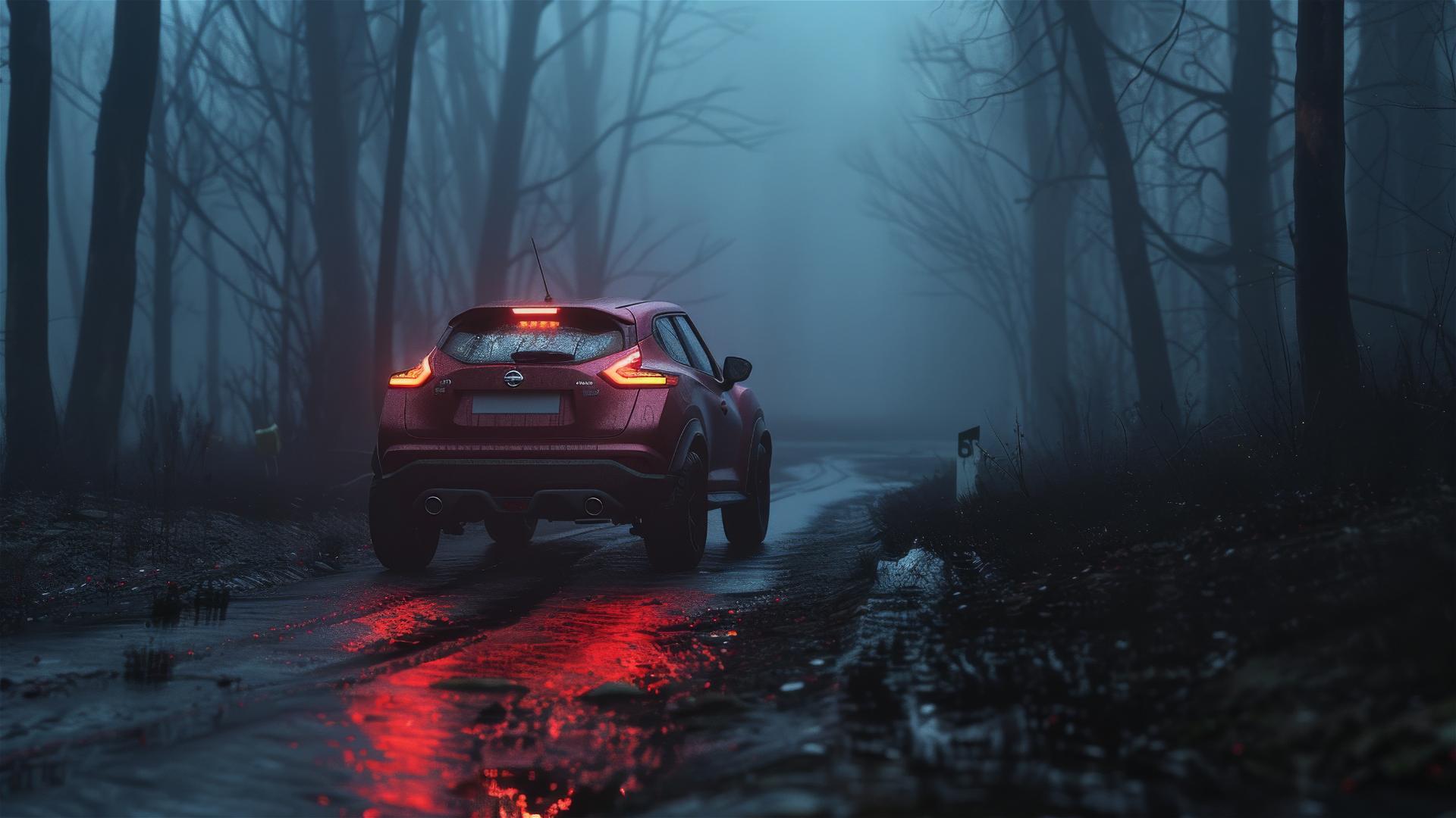 Dimly lit Nissan Juke in a Gothic gloomy setting with a closeup view in foggy conditions, presented in photorealistic 8K