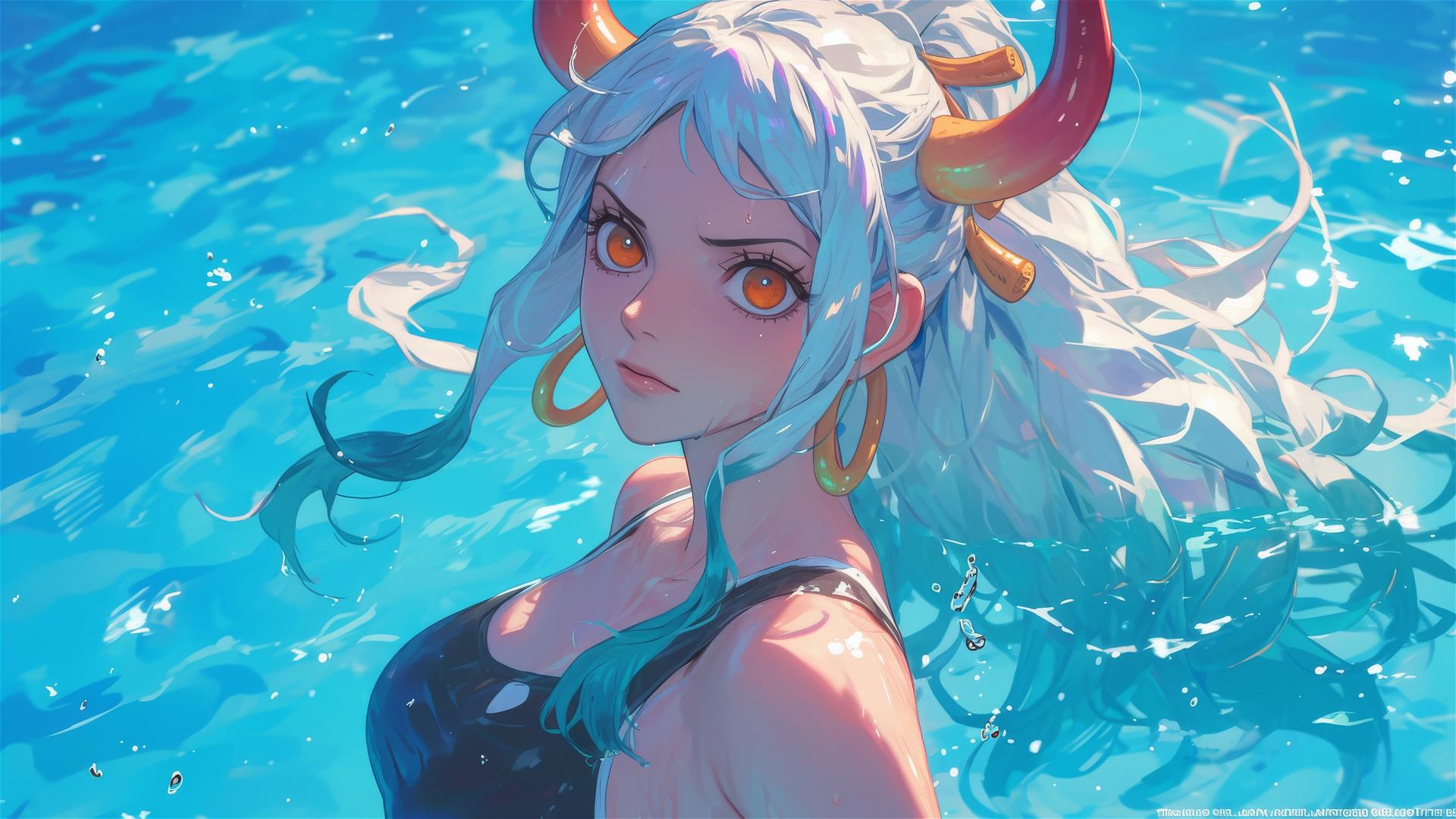 Yamato from One Piece standing in pool under moonlight