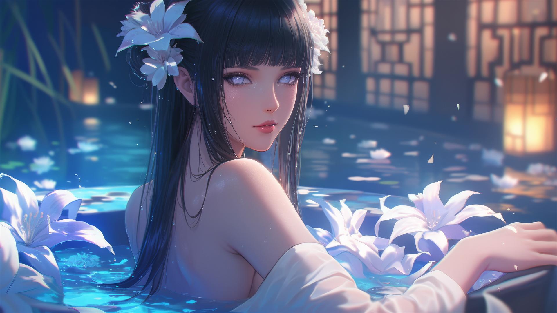 Hinata Hyuga from Naruto in a flower-filled tub in a Chinese spa.