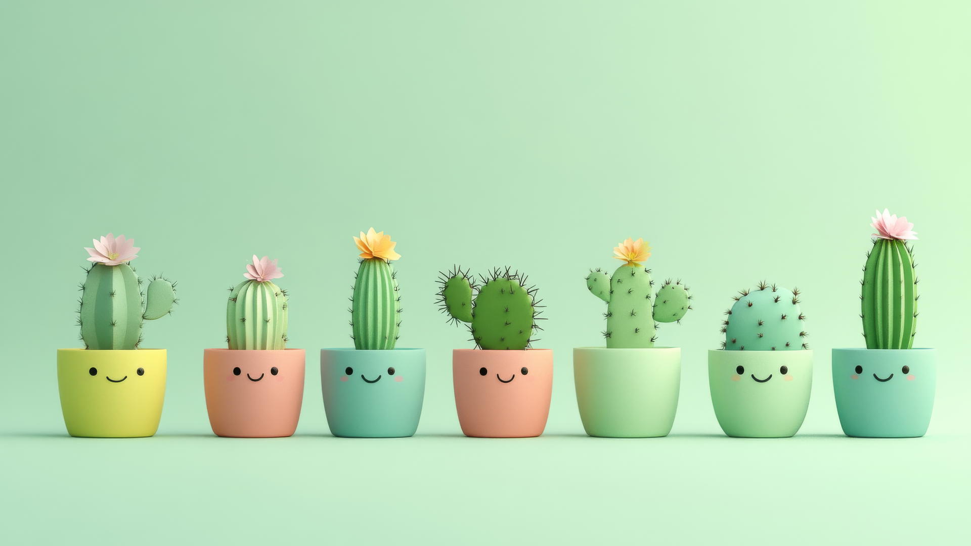 cute green wallpaper with smiling cacti in colorful pots and tiny flowers