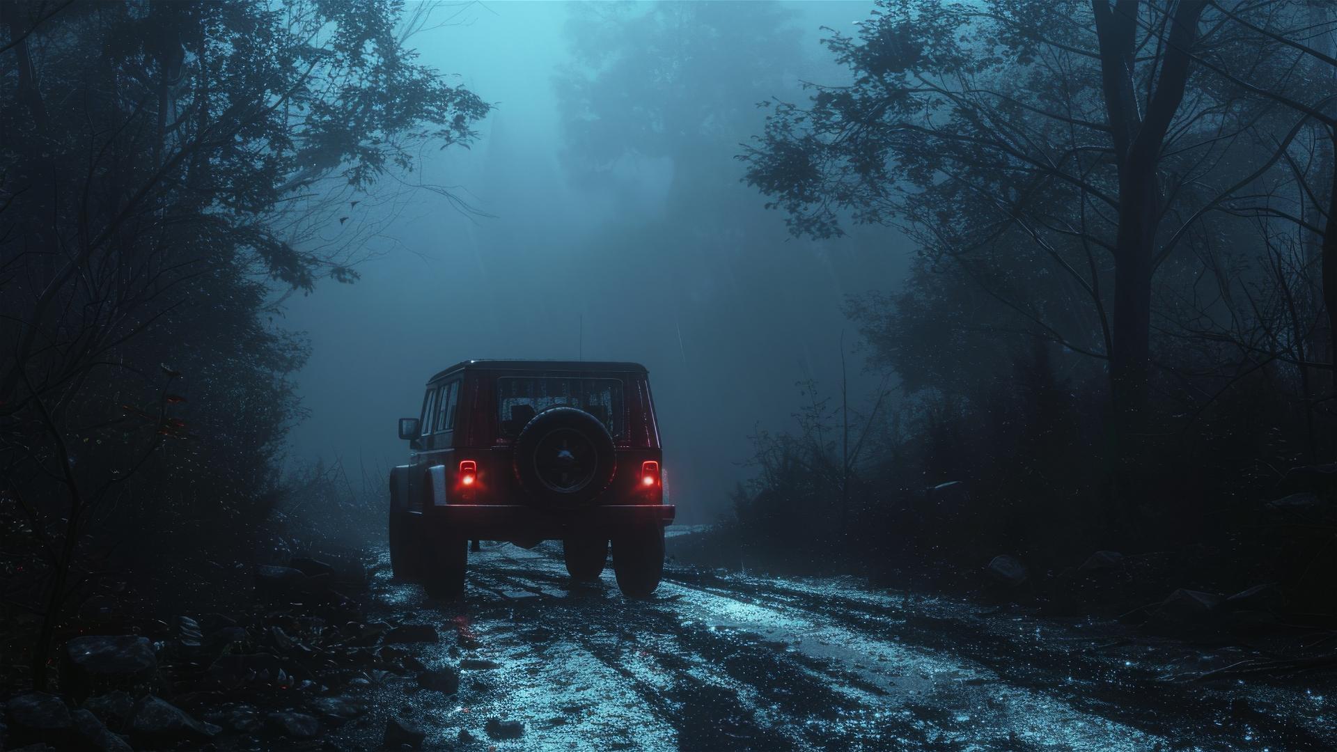 Photorealistic close-up of Jeep Compass in dim, gothic gloomy lighting with fog
