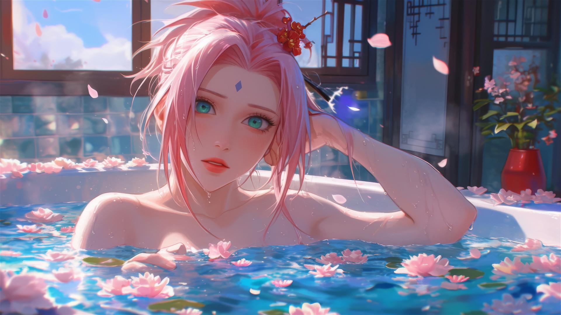 Sakura Haruno in a flower-filled tub at a Chinese spa