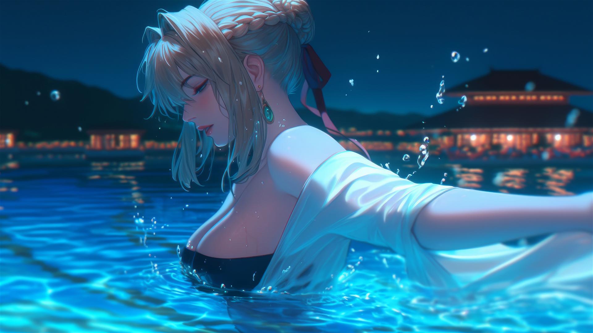 Violet Evergarden leaping from a pool under moonlight