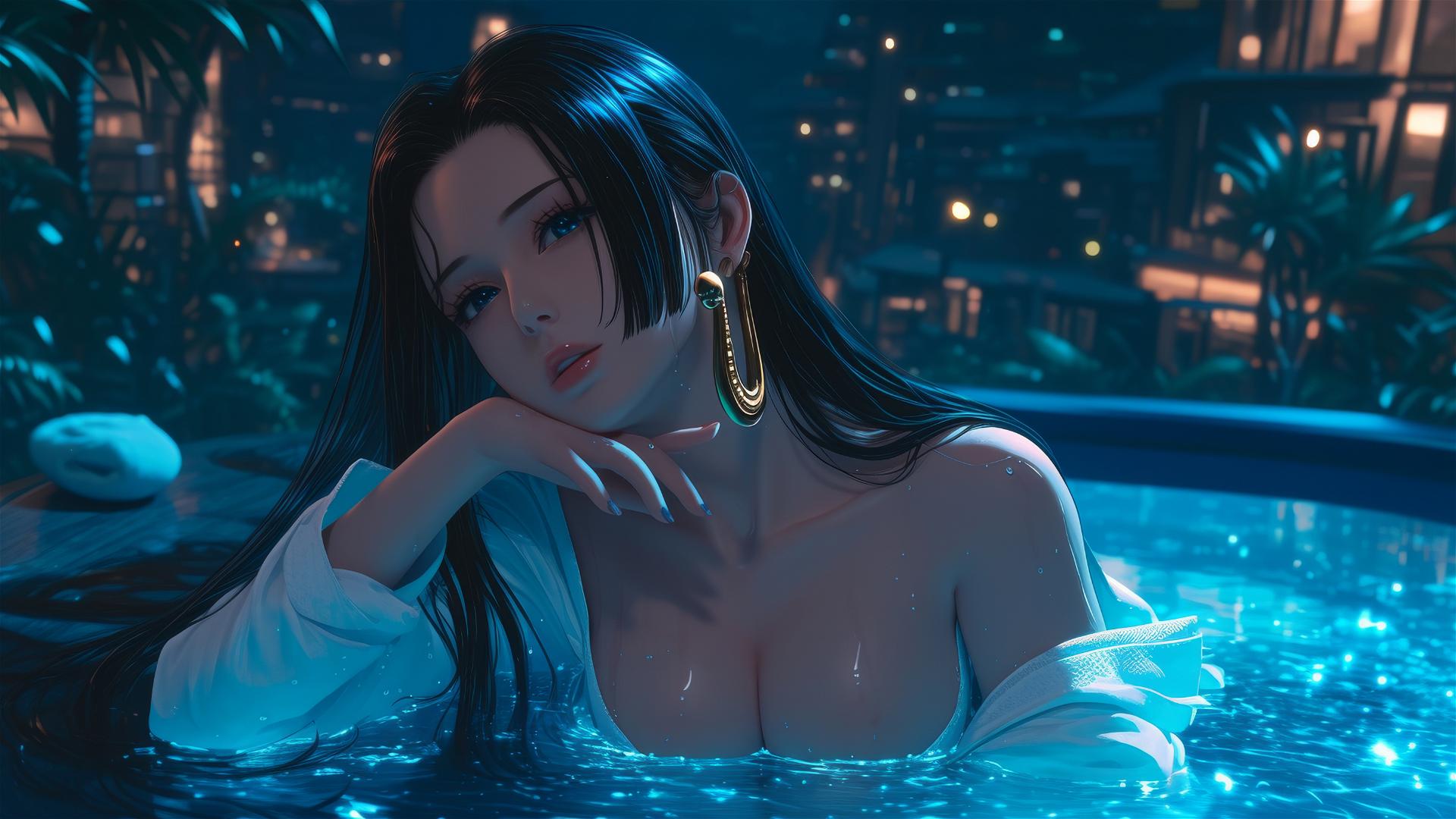 Boa Hancock from One Piece resting in a tub with moonlight glow