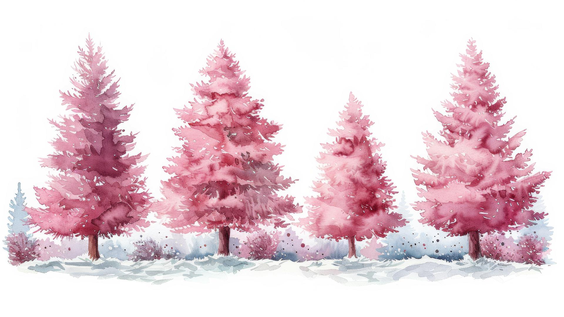Drawing of four pink Christmas trees with decorations on white background