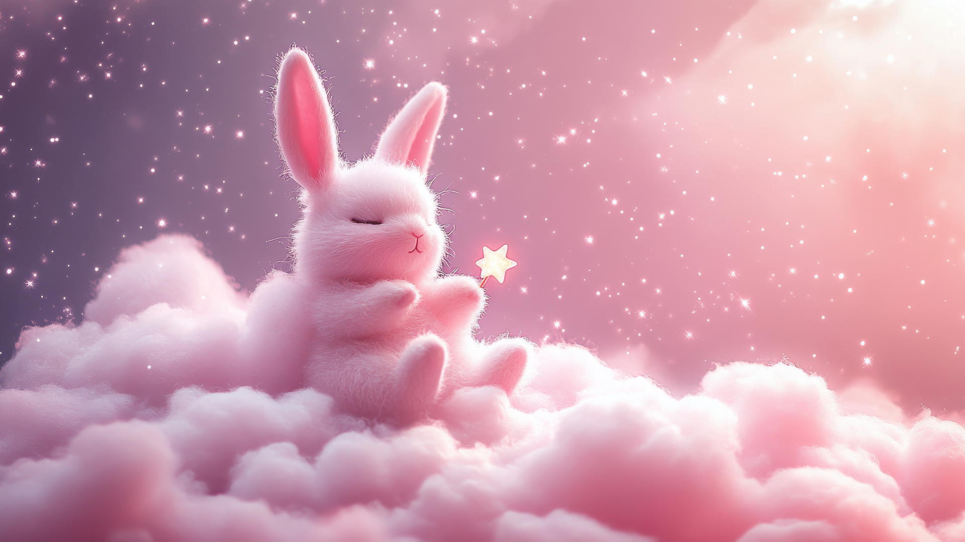 cute pink wallpaper with a kawaii bunny holding a tiny star on a fluffy cloud