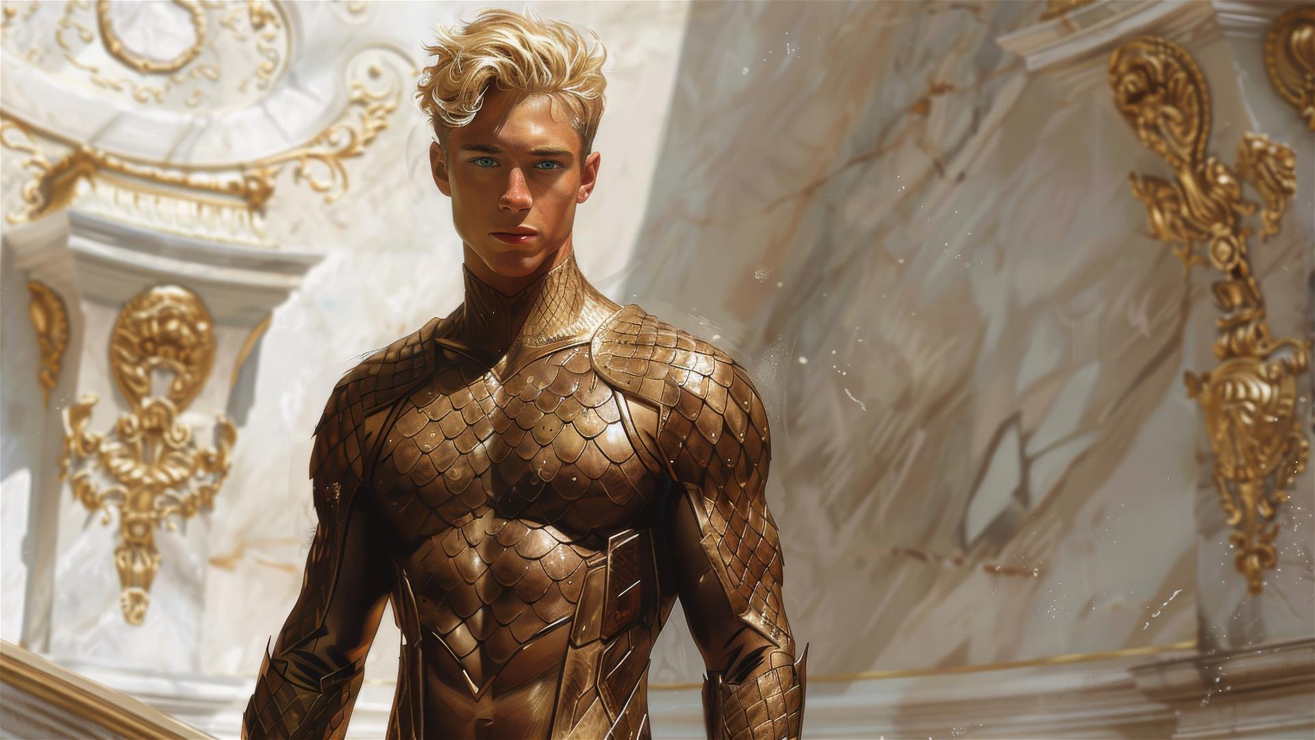 Muscular blonde man in scaled suit with gold details walking by marble walls