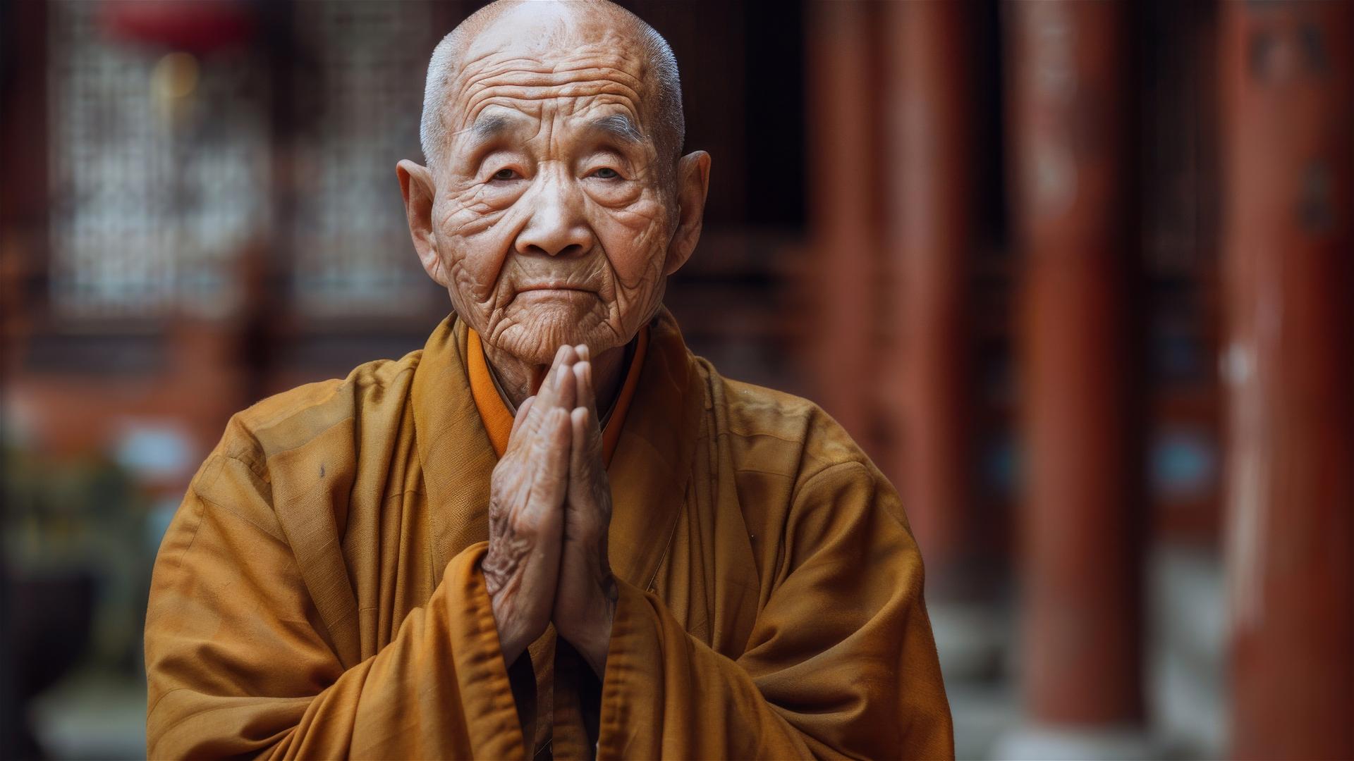 Elderly Chinese monk with folded hands in temple courtyard