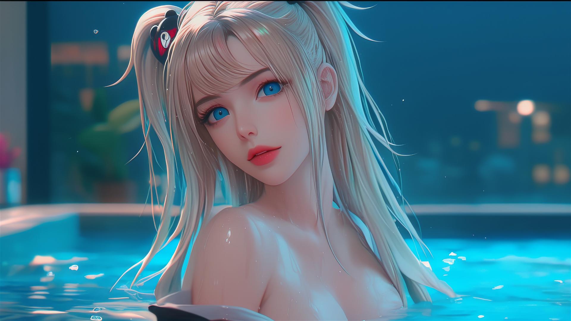 Junko Enoshima from Danganronpa resting in a tub in her apartment, with blond hair and light blue eyes, hyper-realistic photo