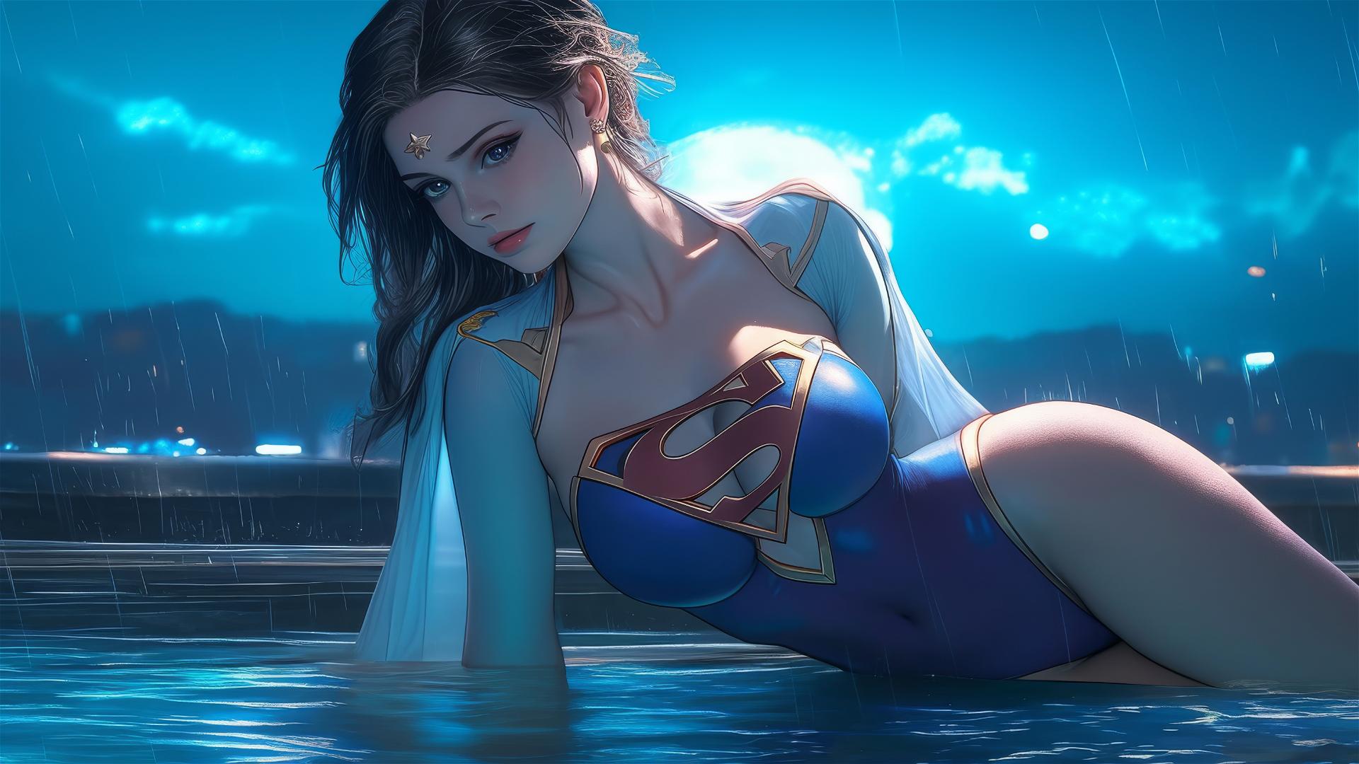 Superwoman leisurely resting by a rainy swimming pool under moonlight.