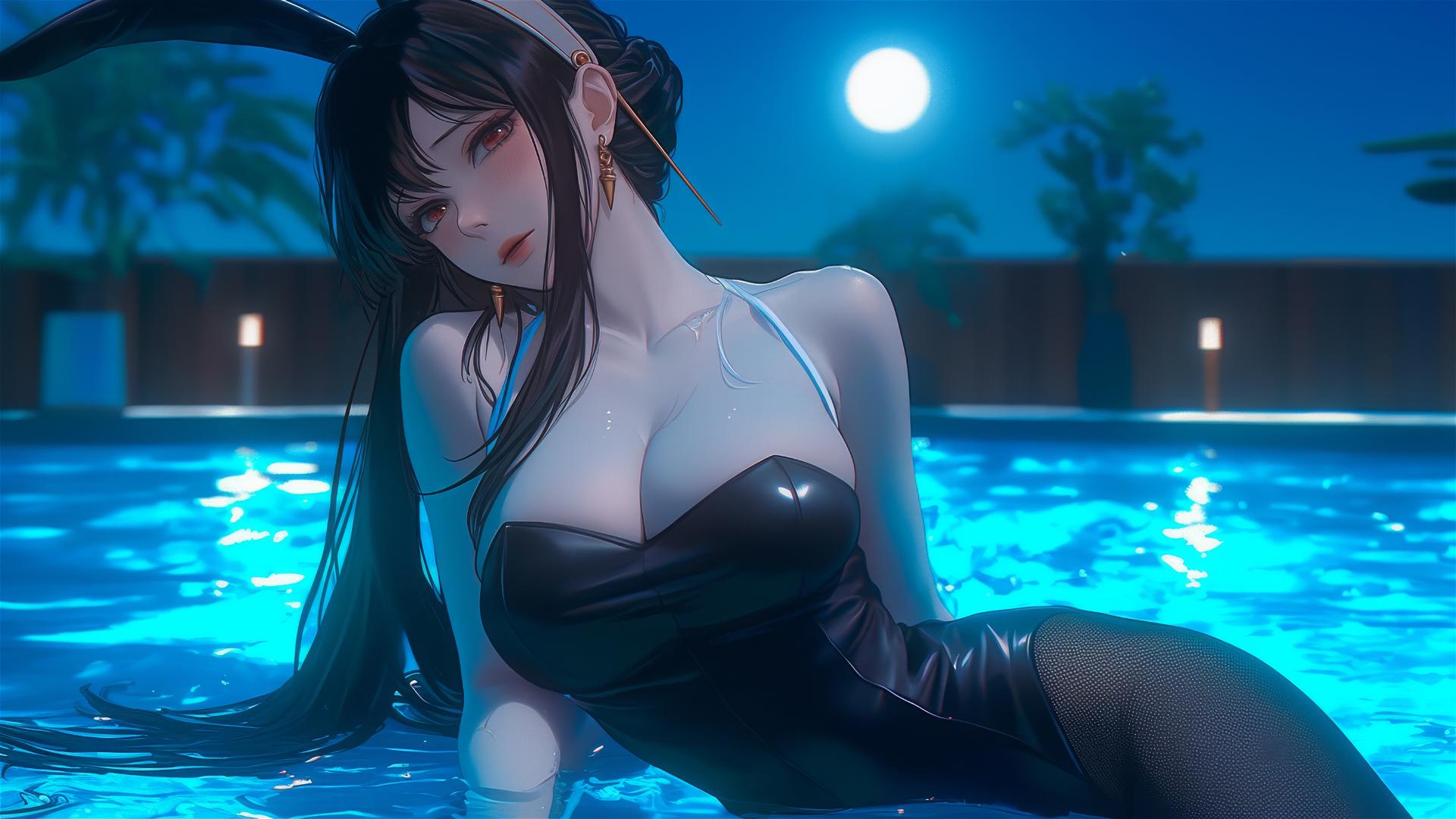 Yor Forger in Bunny Girl outfit resting by a moonlit swimming pool.