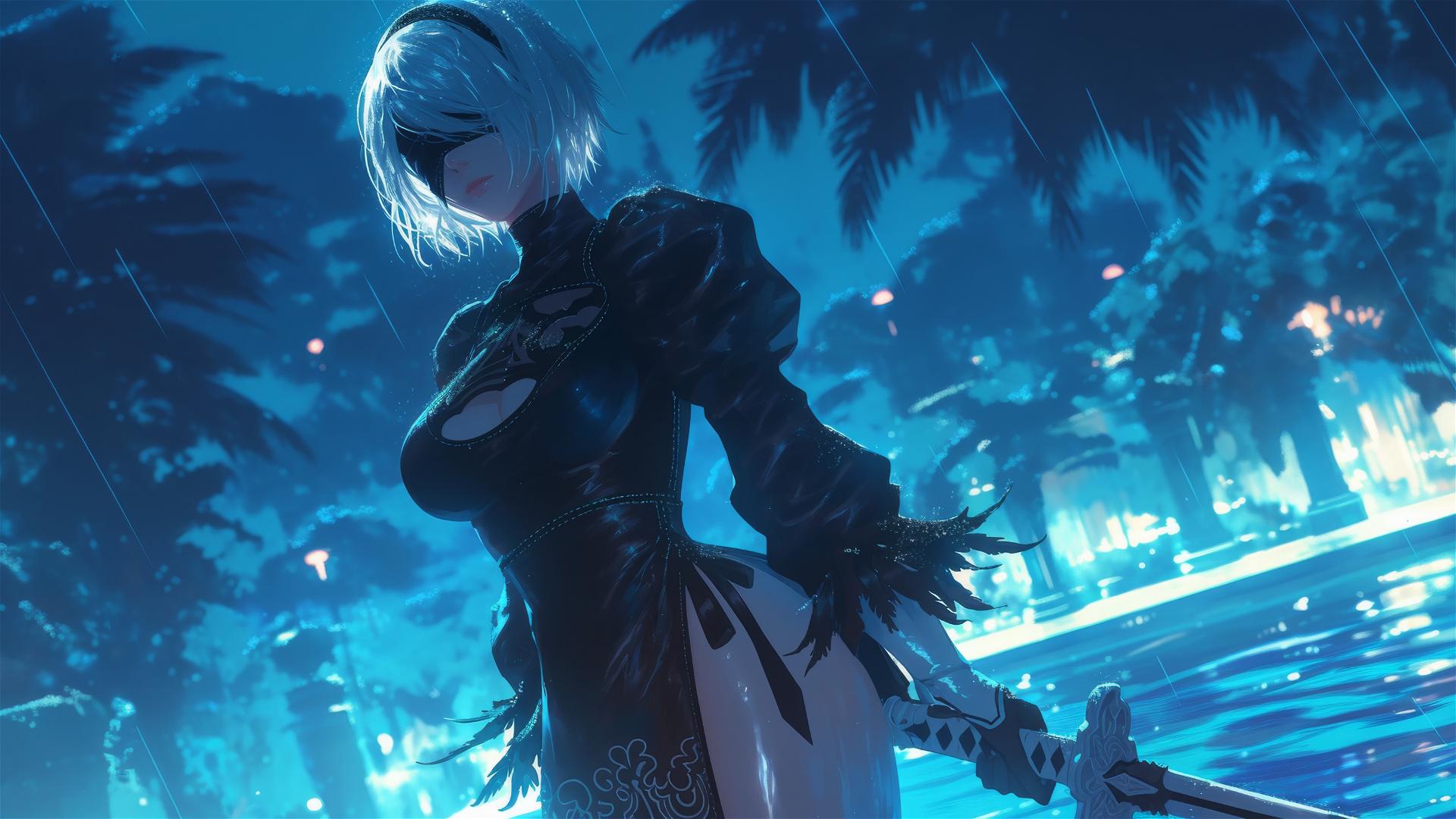 2B from Nier standing at a rainy swimming pool with moonlight glow