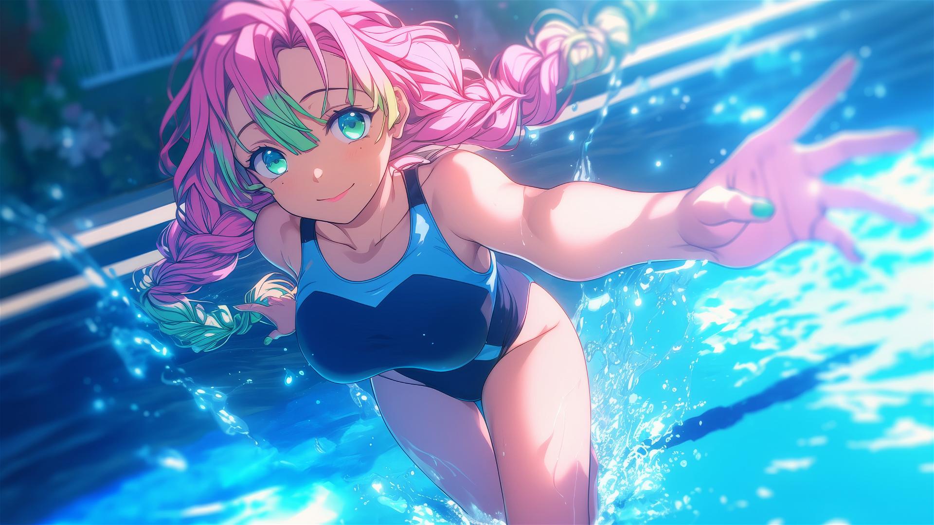 Mitsuri Kanroji jumping out of a swimming pool under moonlight with pink to lime green hair