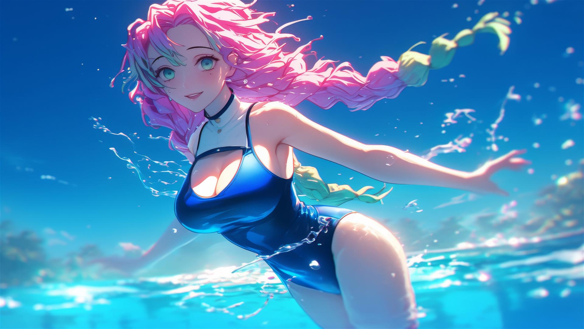 Mitsuri Kanroji from Demon Slayer jumping out of a swimming pool under moonlight.
