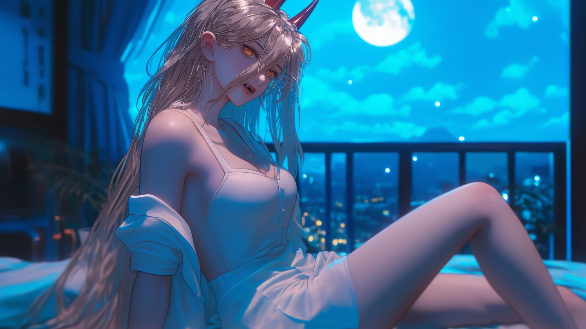 Power from Chainsaw Man resting in a modern hotel room, blonde hair, light red horns, yellow eyes, moonlight glow.