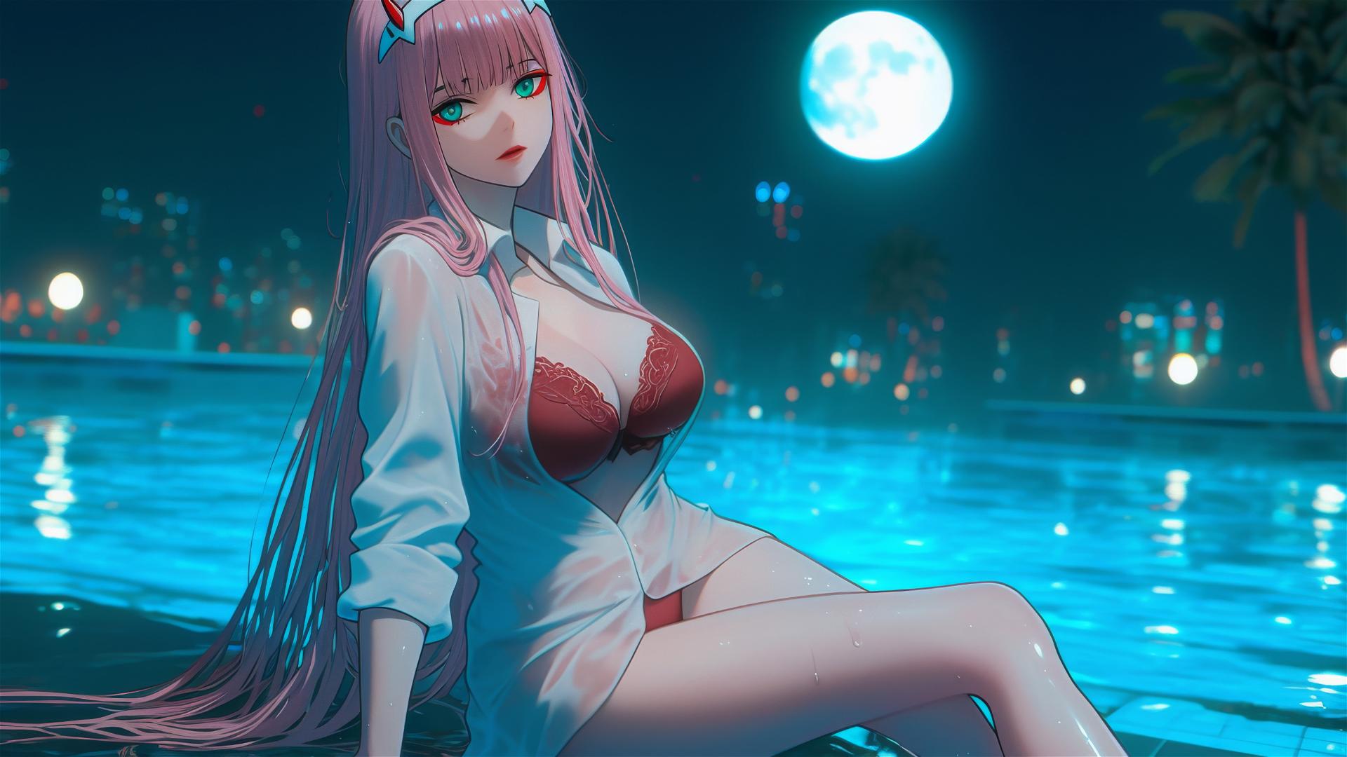 Zero Two from DARLING in the FRANXX relaxing by a rainy pool under moonlight with long pink hair.