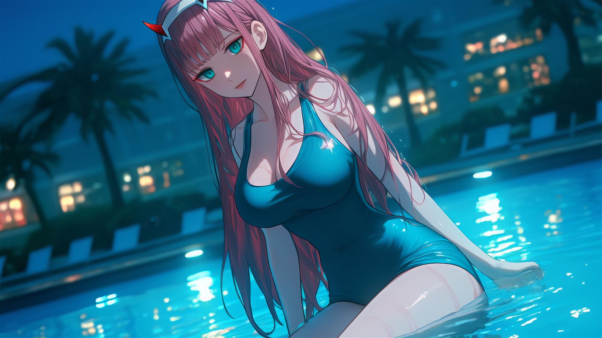 Zero Two from DARLING in the FRANXX resting by a rainy swimming pool, moonlight glowing softly