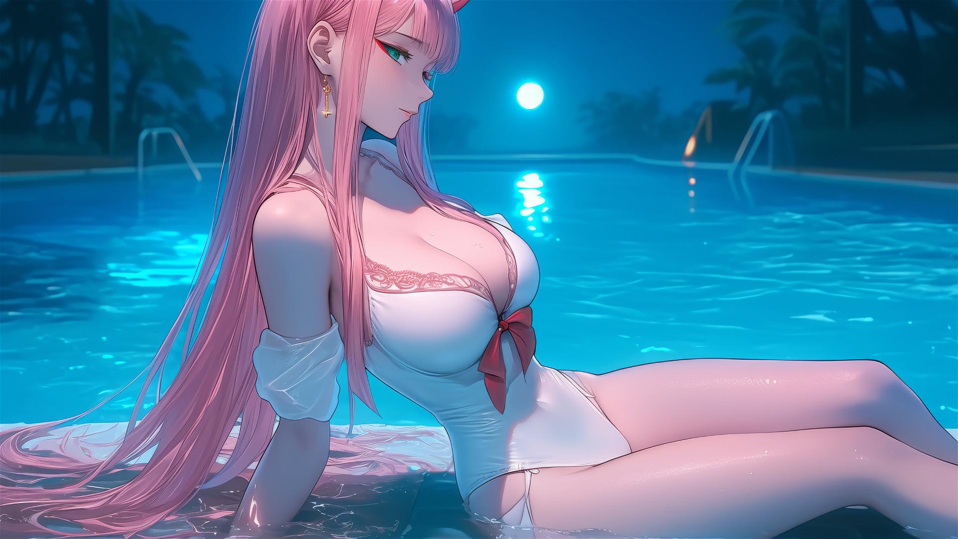 Zero Two from DARLING in the FRANXX resting by a rainy swimming pool under moonlight.