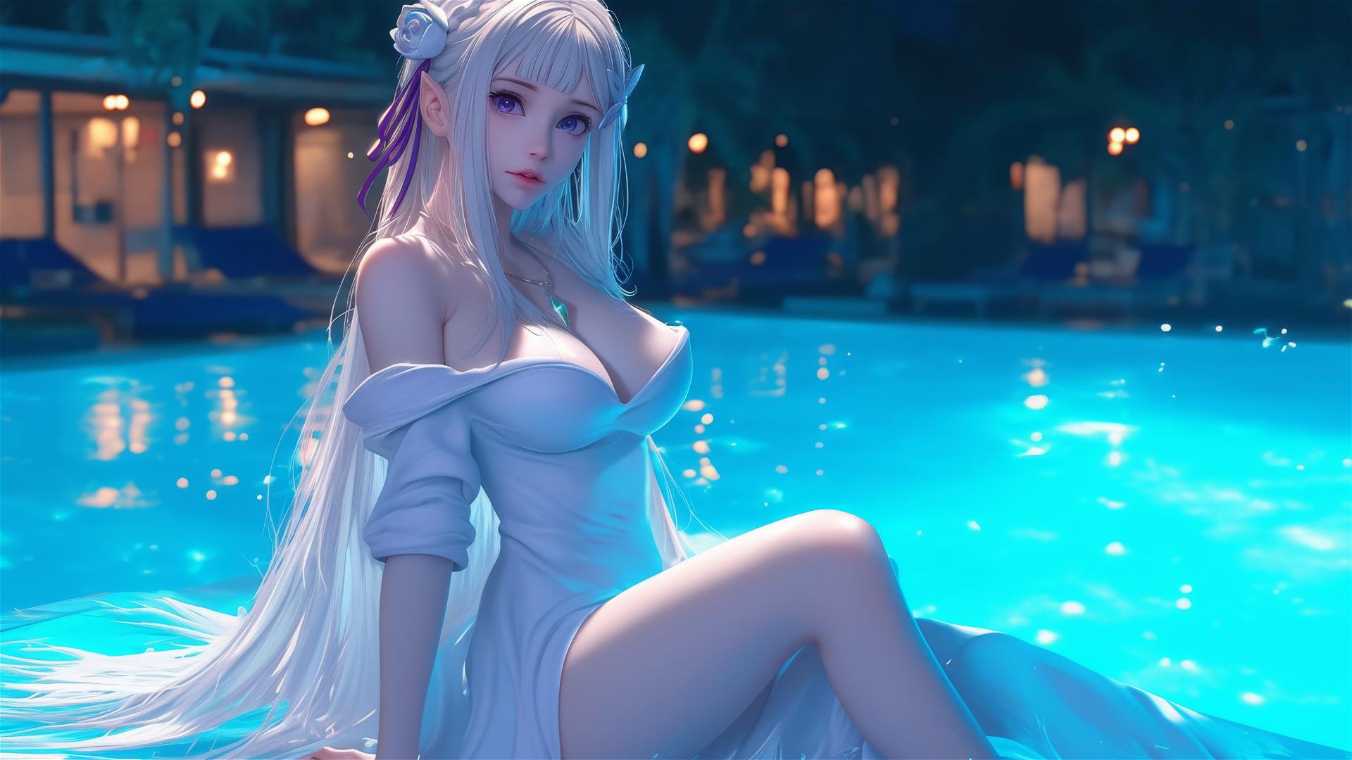 Emilia from Re:Zero relaxing by the pool under moonlight