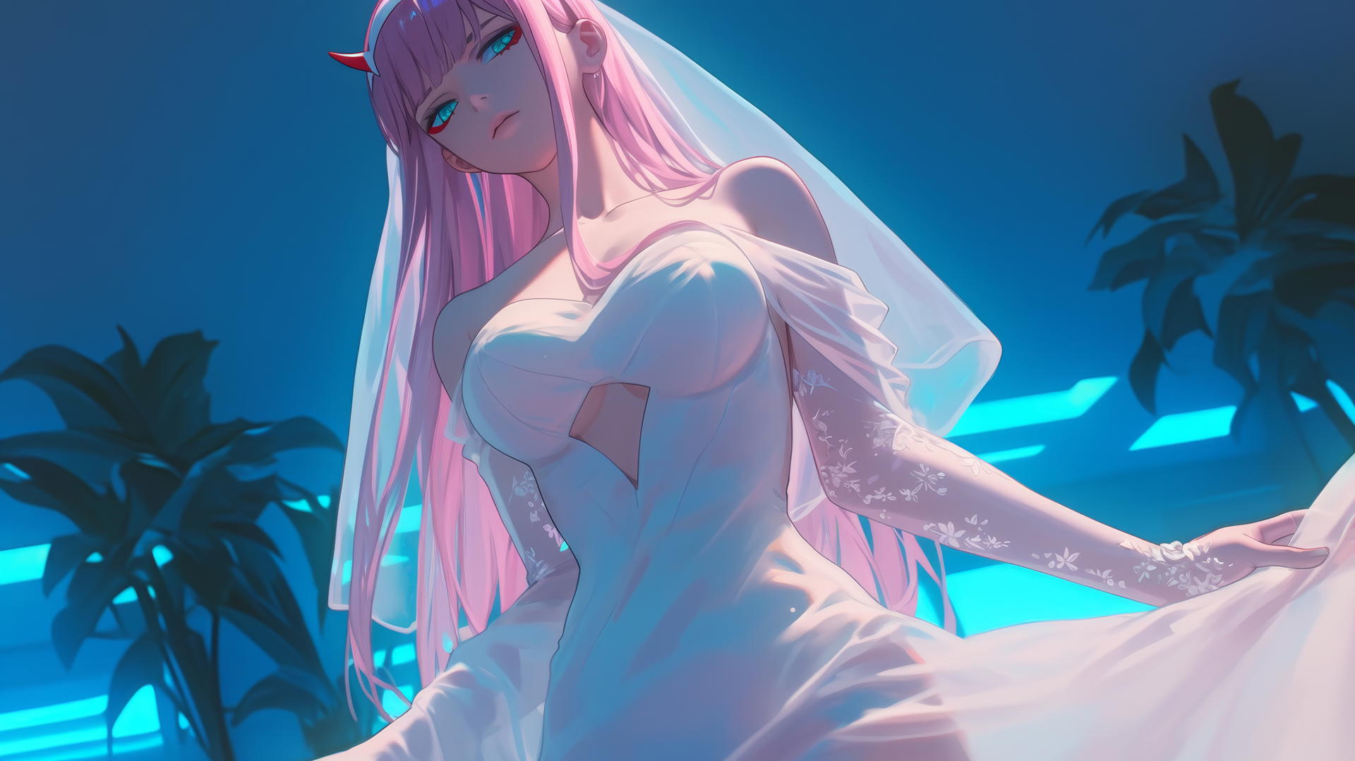 Zero Two from DARLING in the FRANXX howling and kneeling in a wedding dress with a hotel ceiling background