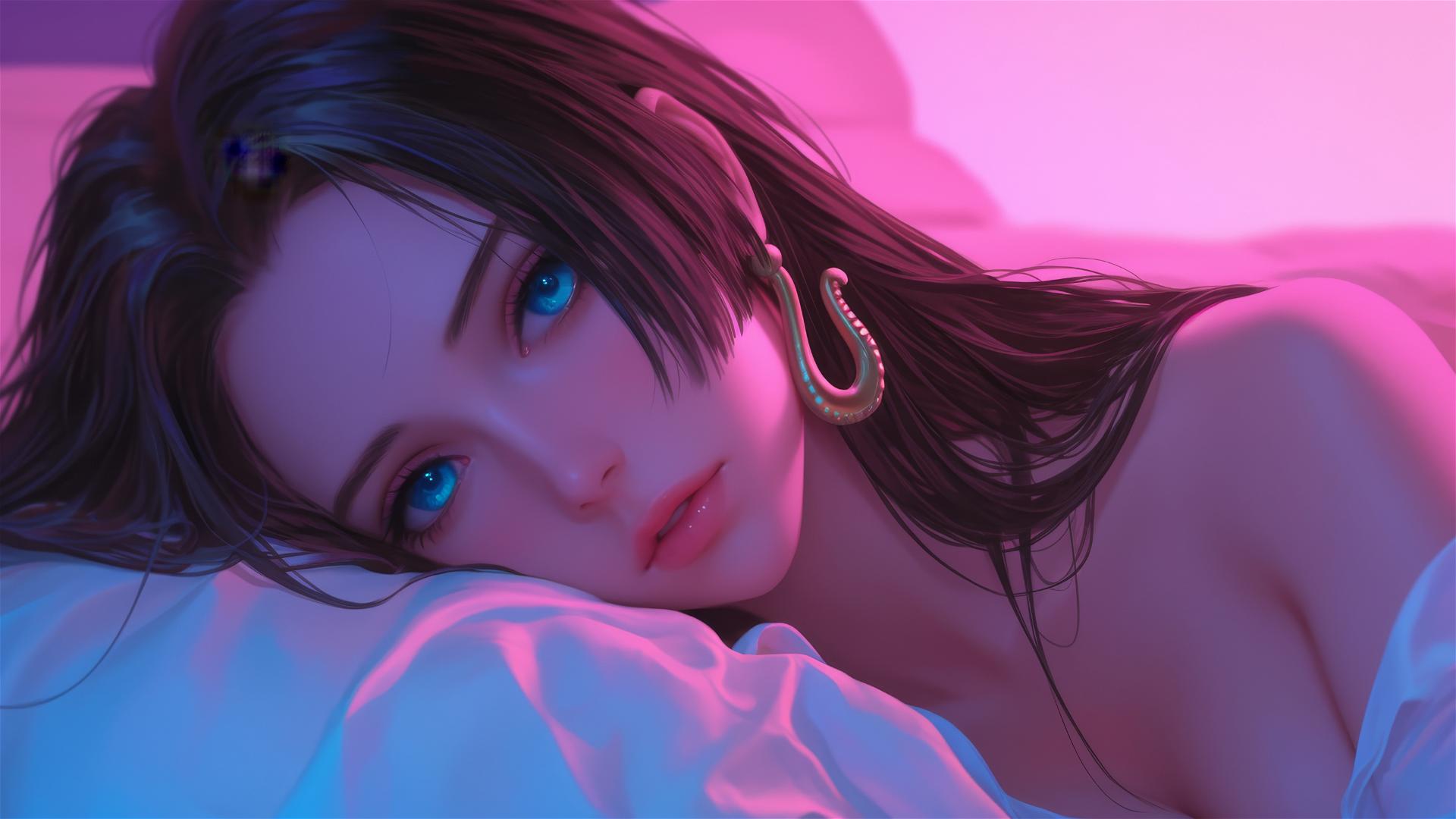 High angle of Boa Hancock from One Piece in bed, neon colors, pink background, high contrast, anime, hyper realistic.