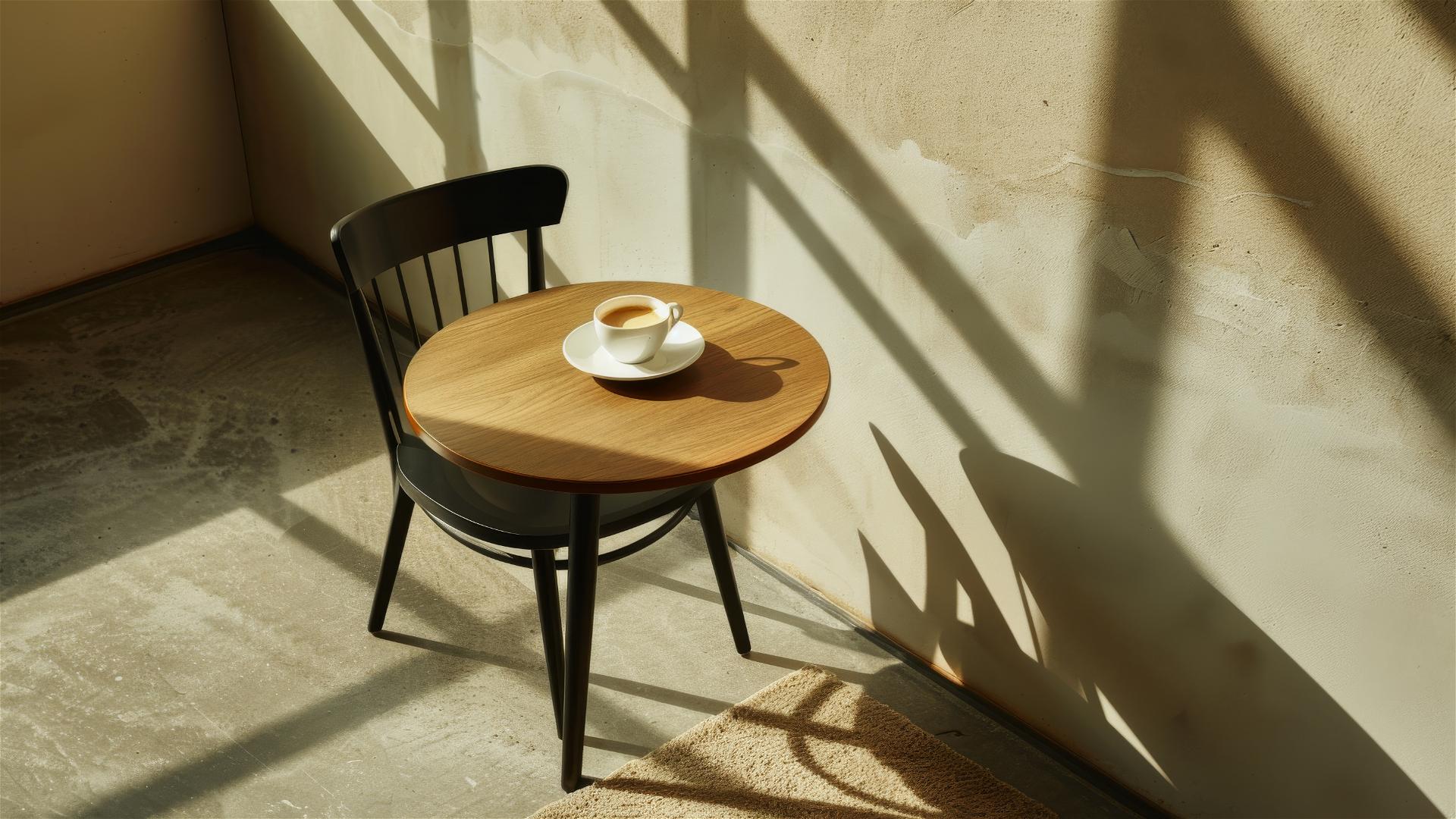 Minimalist coffee shop table with black chair, white cup, and beige decor