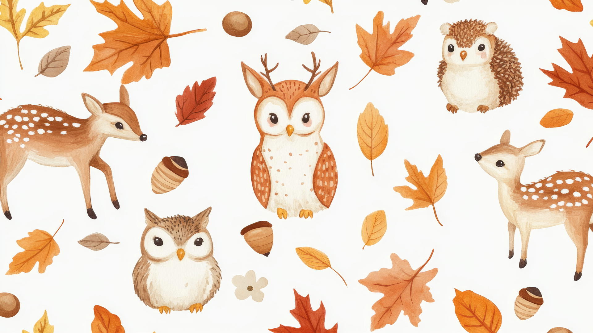 preppy fall wallpaper with cute woodland animals, autumn leaves, and acorns
