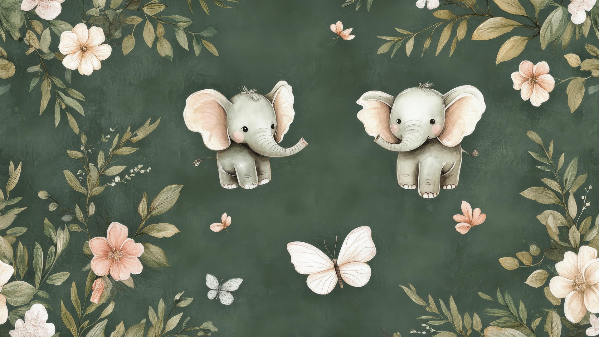 cute green wallpaper with tiny elephants with butterfly wings among hand-drawn flowers and leaves