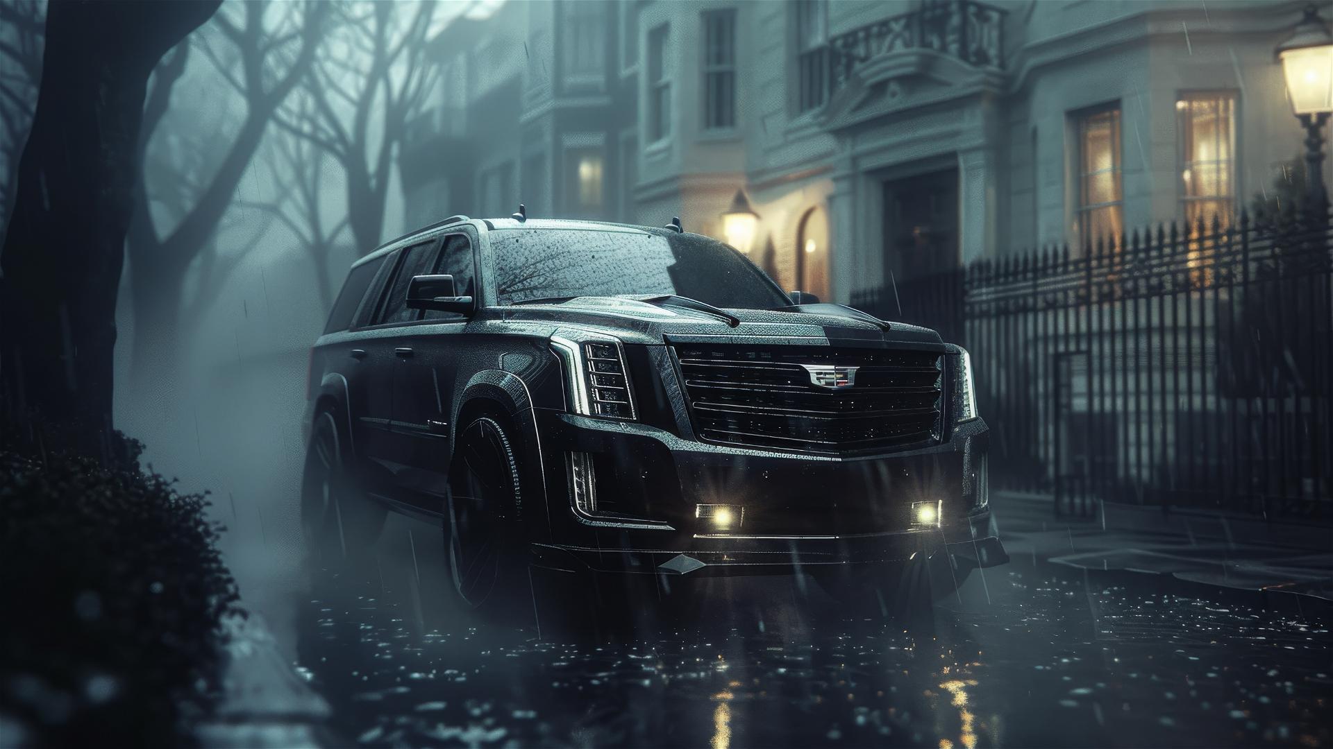 Cadillac Escalade in dim, gothic setting with fog