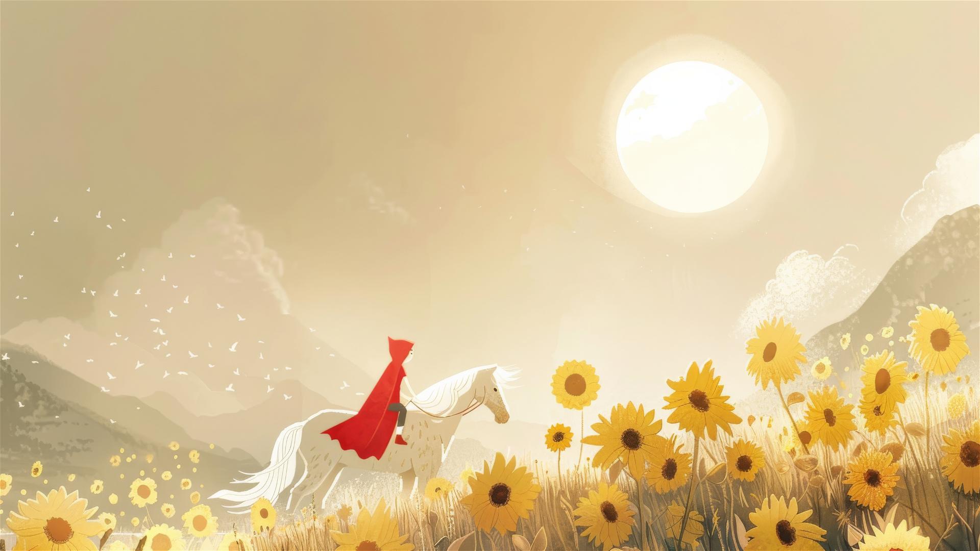 Happy kid in a red cape rides a white horse in a sunflower field with a giant sun.