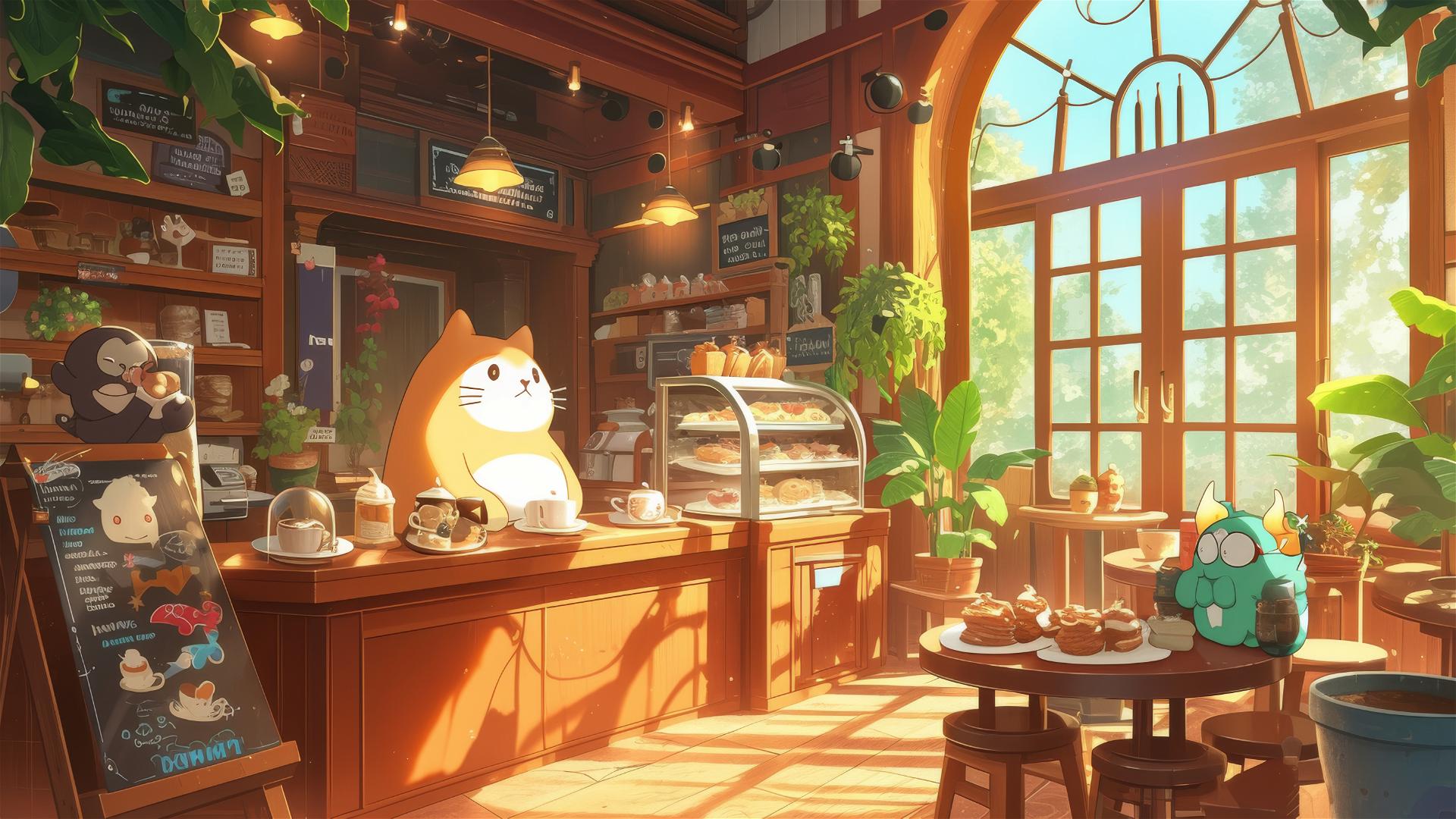 Anime café interior with Ghibli-style decor and magical pets.