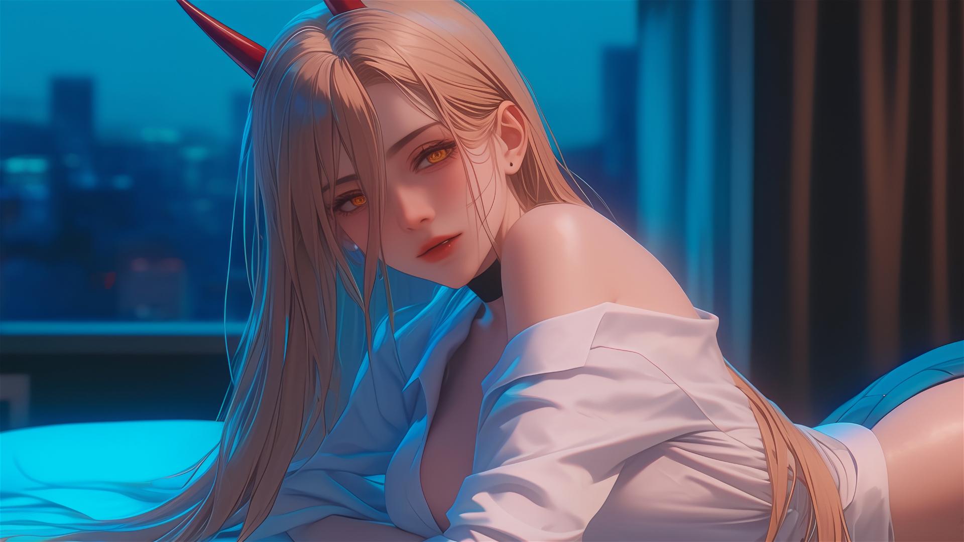 Power from Chainsaw Man resting in apartment, focusing on thighs, blond hair, light red horns, and yellow eyes.