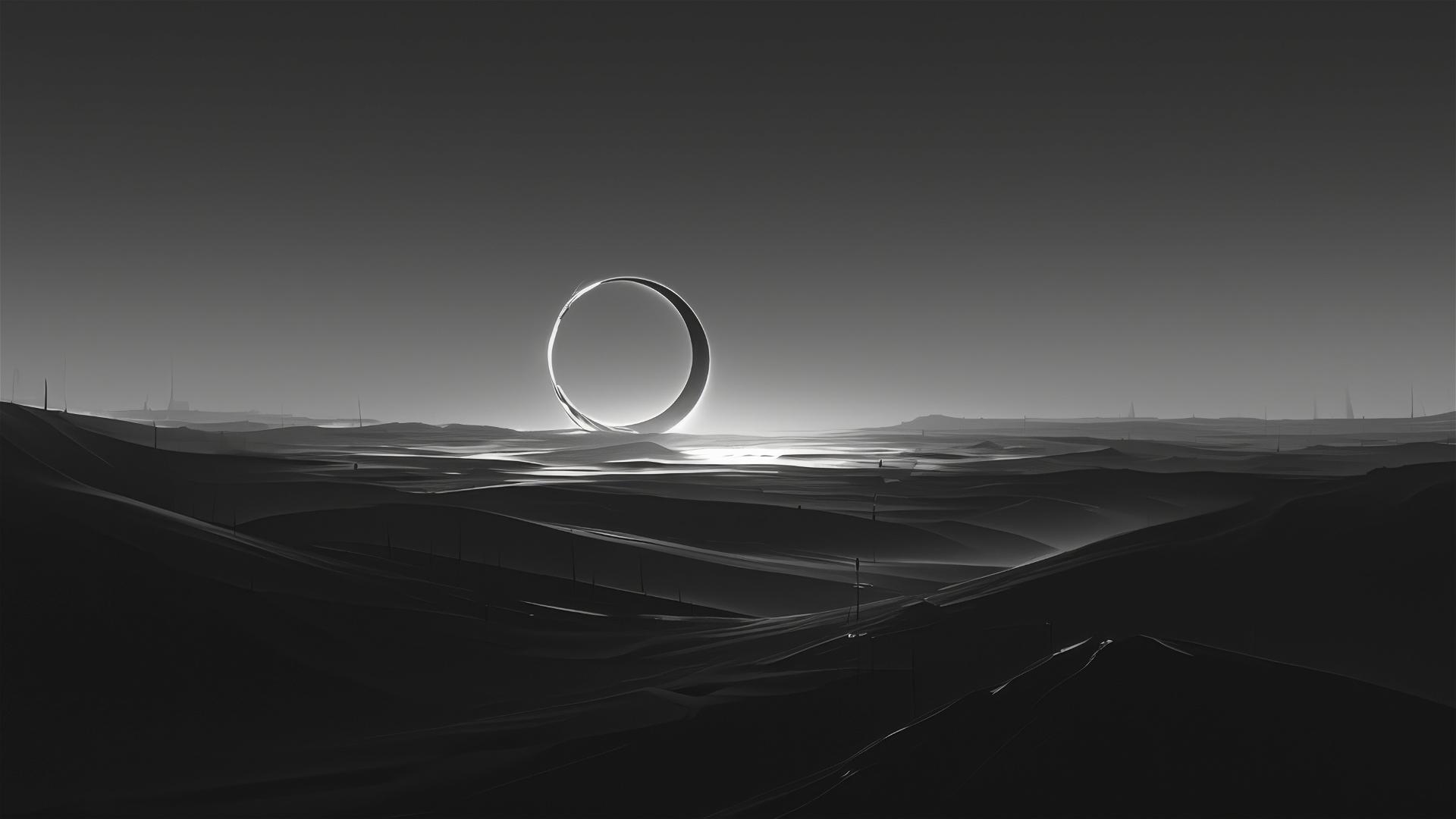 Aesthetic dark eclipse over a desolate desert, with the landscape draped in unusual shadows and the sky in a gradient of gray to black, profound and quiet