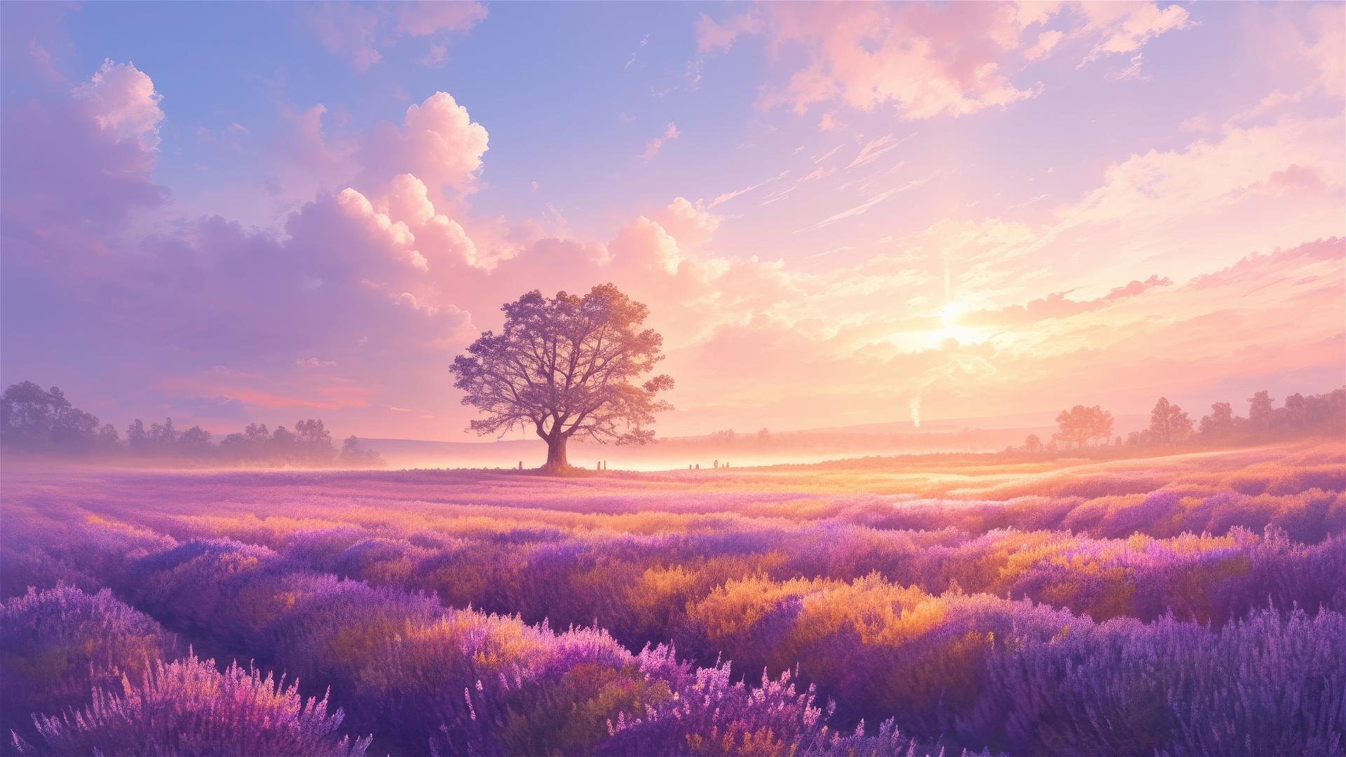 Sunrise over misty lavender field with soft, dream-like quality
