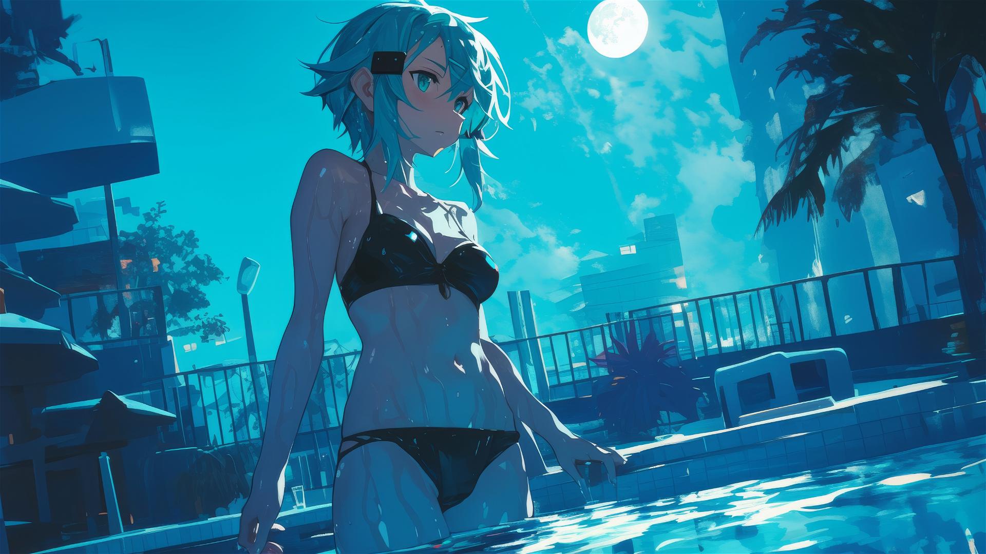 Sinon from Sword Art Online standing by a pool under moonlight, green eyes