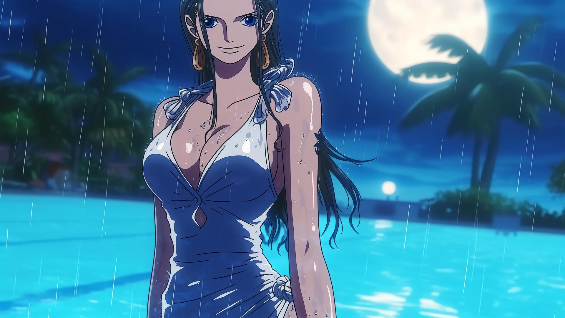 Nico Robin from One Piece in bunny girl style pose, standing in a rainy pool under moonlight