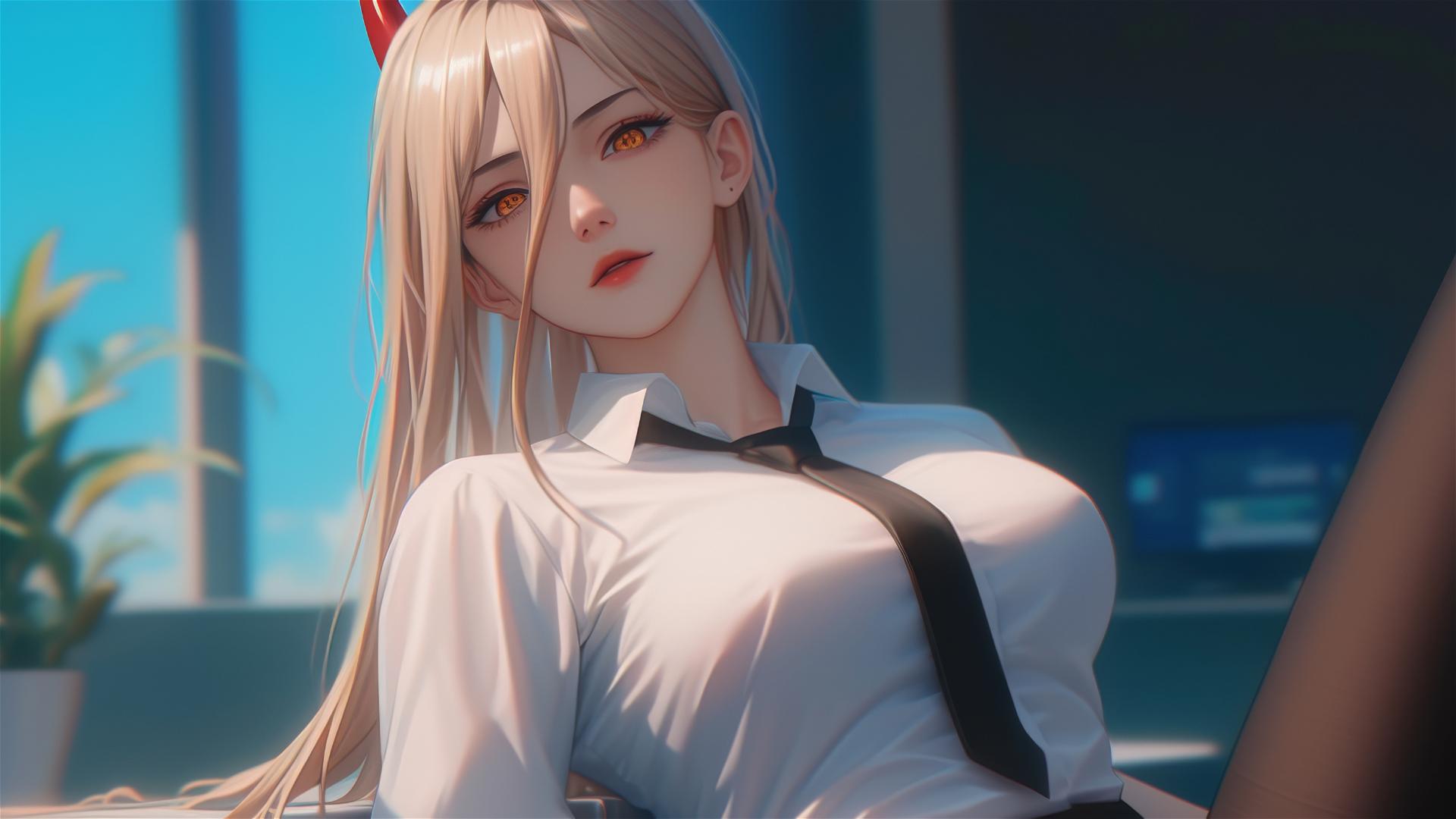 Power from Chainsaw Man in an office presenting blonde hair, light red horns, and yellow eyes