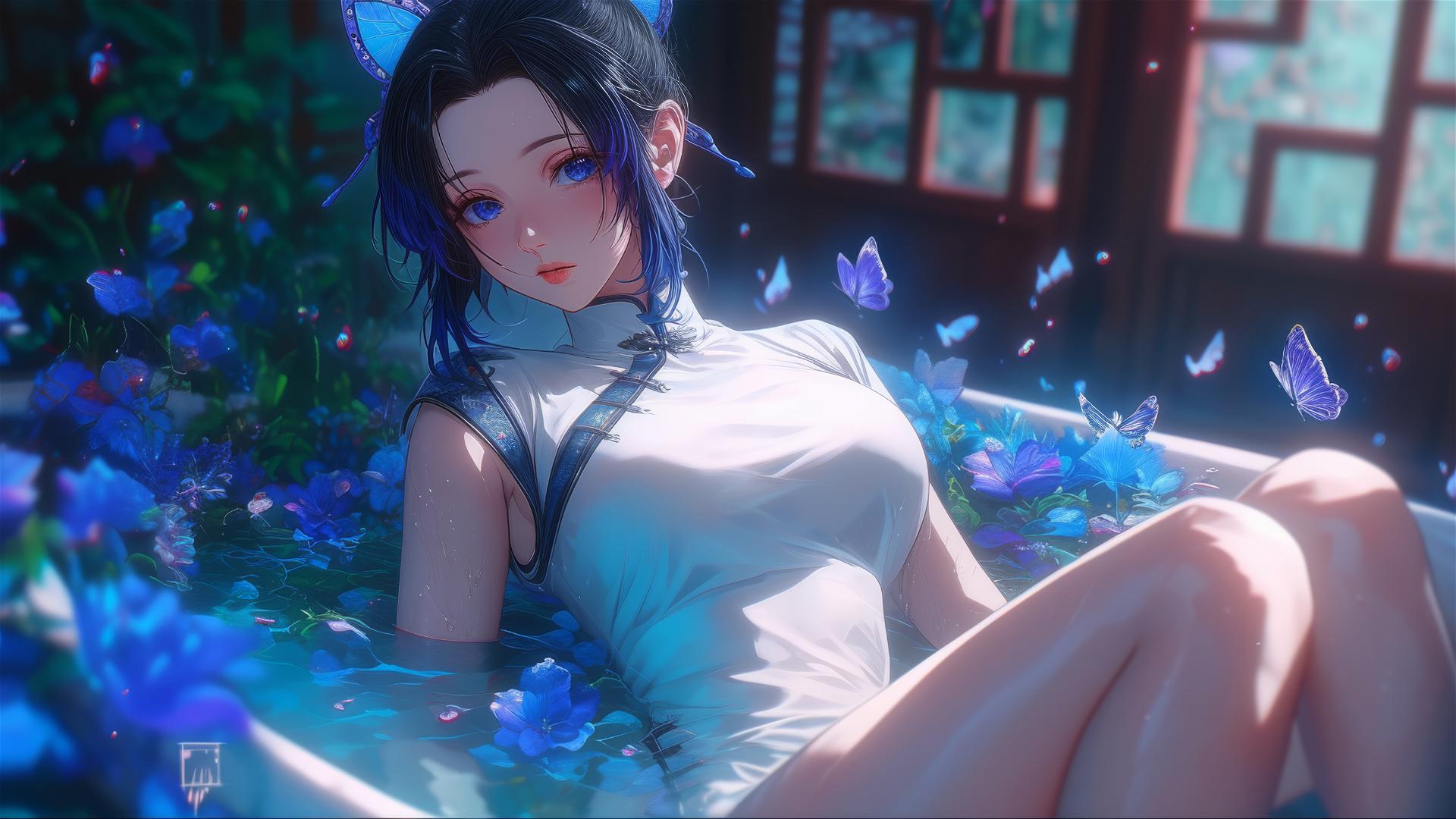 Shinobu Kocho from Demon Slayer in a tub full of flowers, wearing a cheongsam, Chinese spa setting