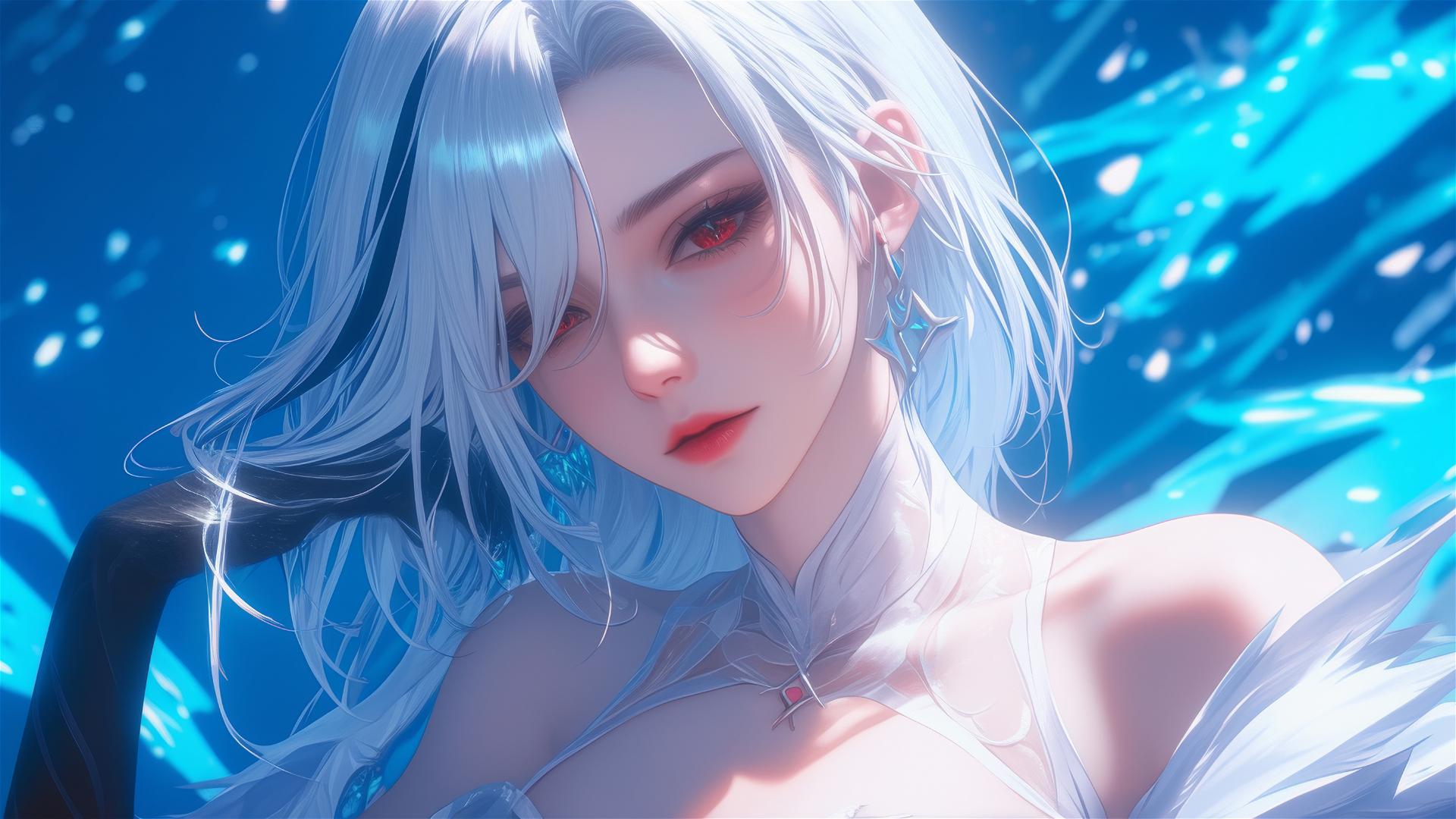 Arlecchino from Genshin Impact with white hair and black streaks, at a pool under moonlight.